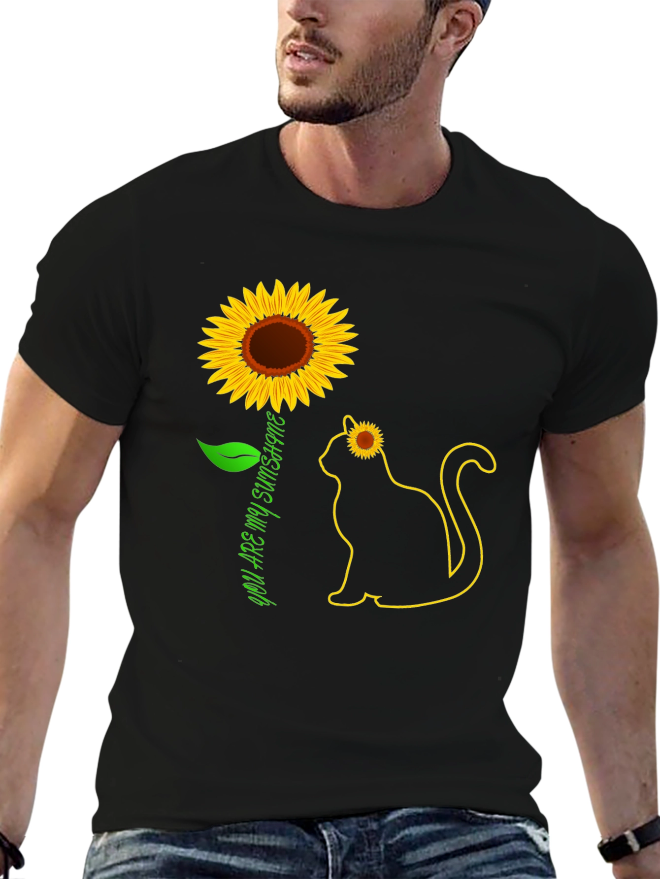 Black Sunflower Cat Graphic Tee - You Are My Sunshine T-Shirt view 6