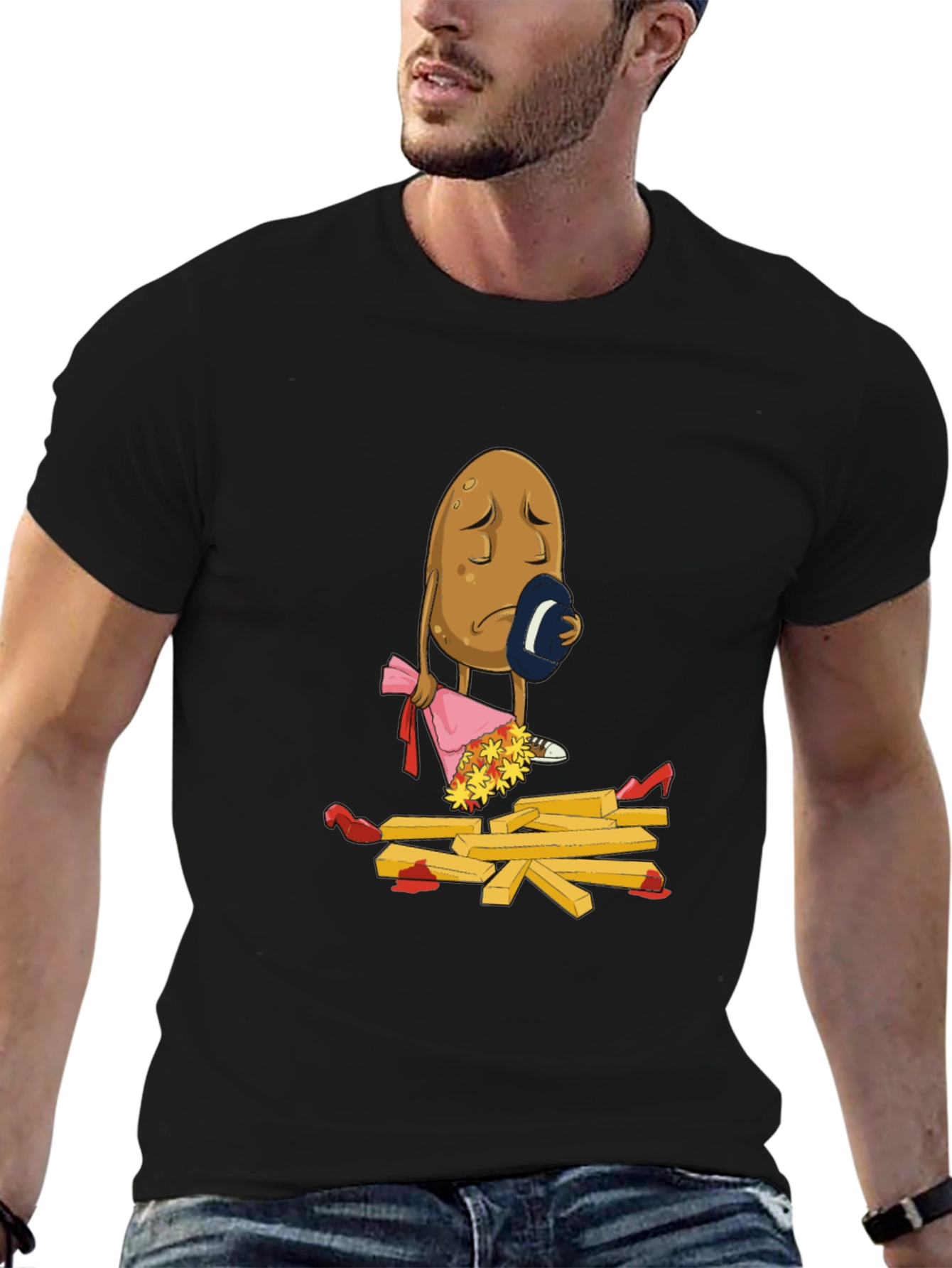 Black Sad Potato T-Shirt - Funny French Fry Design view 6