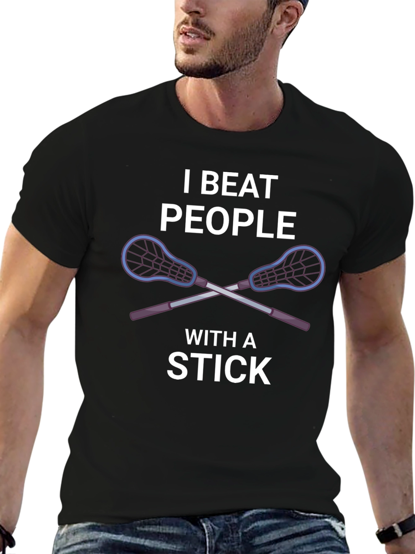 Black I Beat People With a Stick Lacrosse T-Shirt view 6