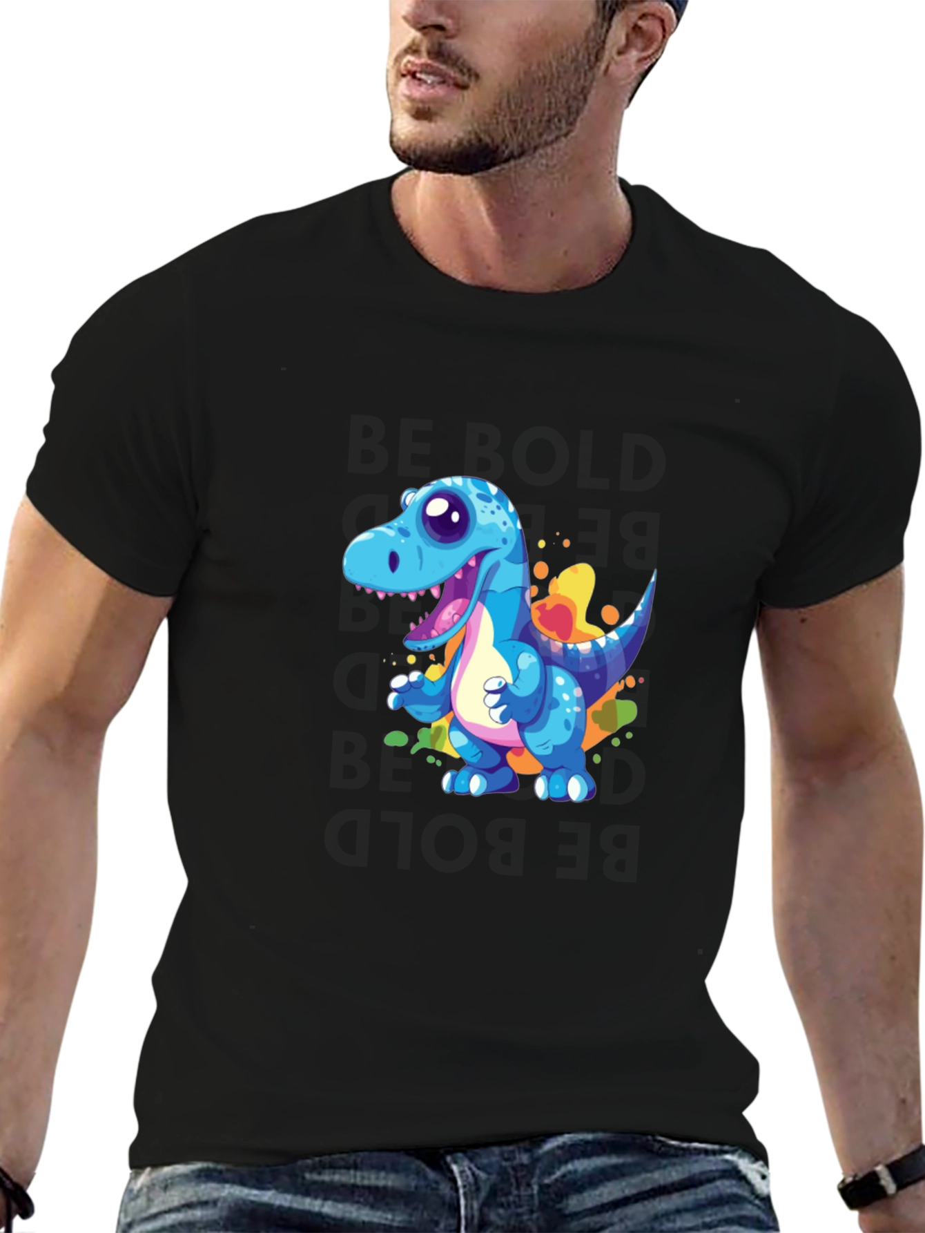 Black Cartoon Dinosaur Graphic Black T-Shirt view 6