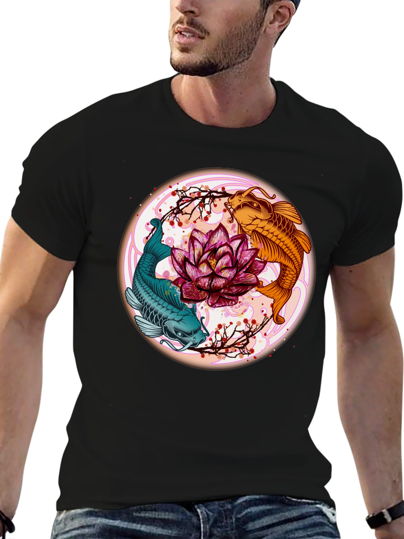 Black Koi Fish Lotus Blossom Graphic Tee - Men's Black T-Shirt view 6