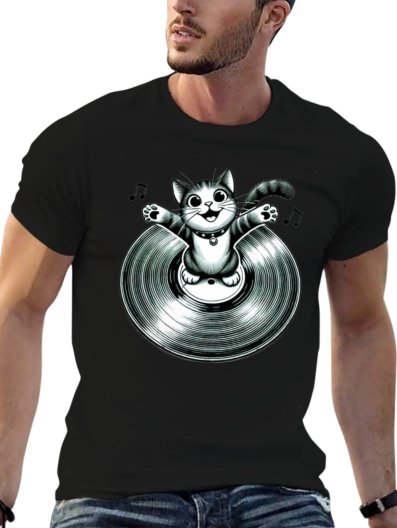 Black Cool Cat on Vinyl Record Graphic T-Shirt view 6