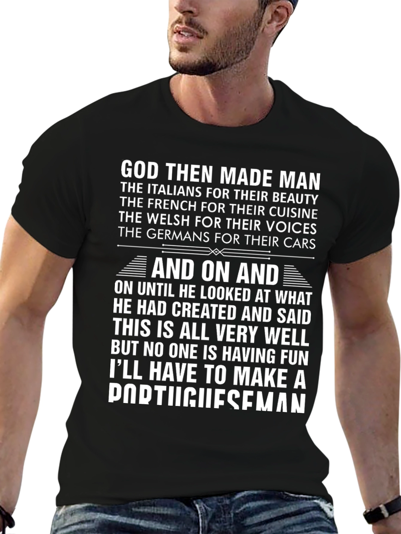 Black Humorous "God Then Made Man" Portugal T-Shirt view 6