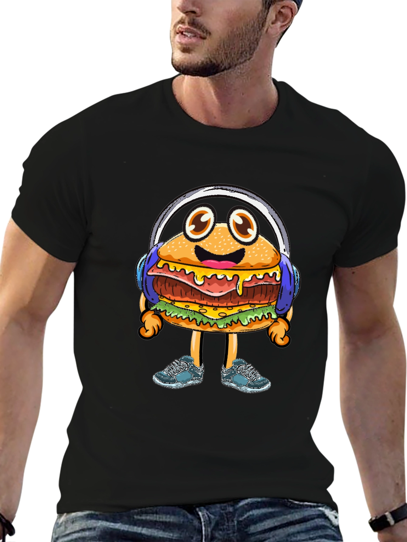 Black Burger Beats T-Shirt: Groovy Cartoon Foodie Tee view 6