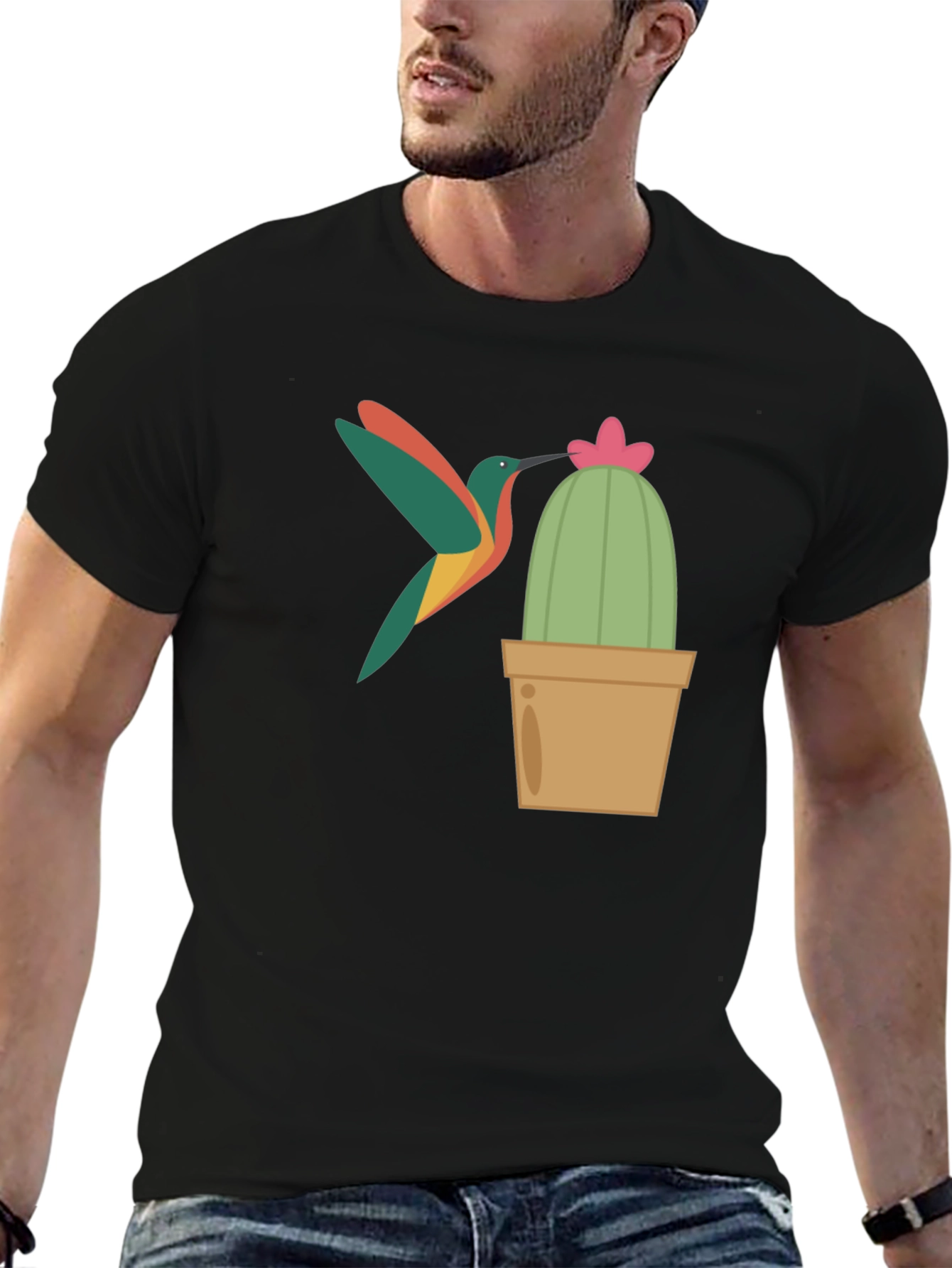 Black Hummingbird & Cactus Graphic T-Shirt - Black view 6