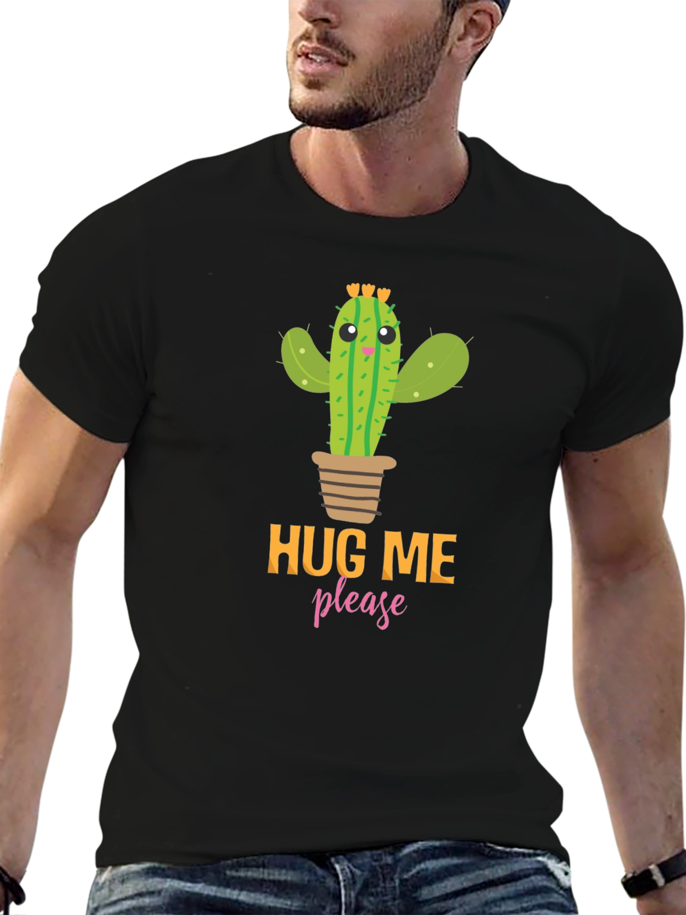 Black Hug Me Please Cactus Graphic Tee - Black view 6