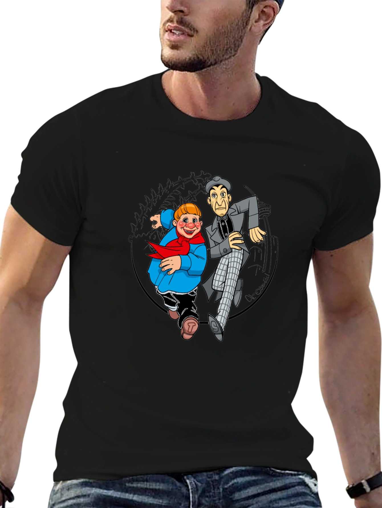 Black Cartoon Duo Graphic T-Shirt - Black Crew Neck view 6