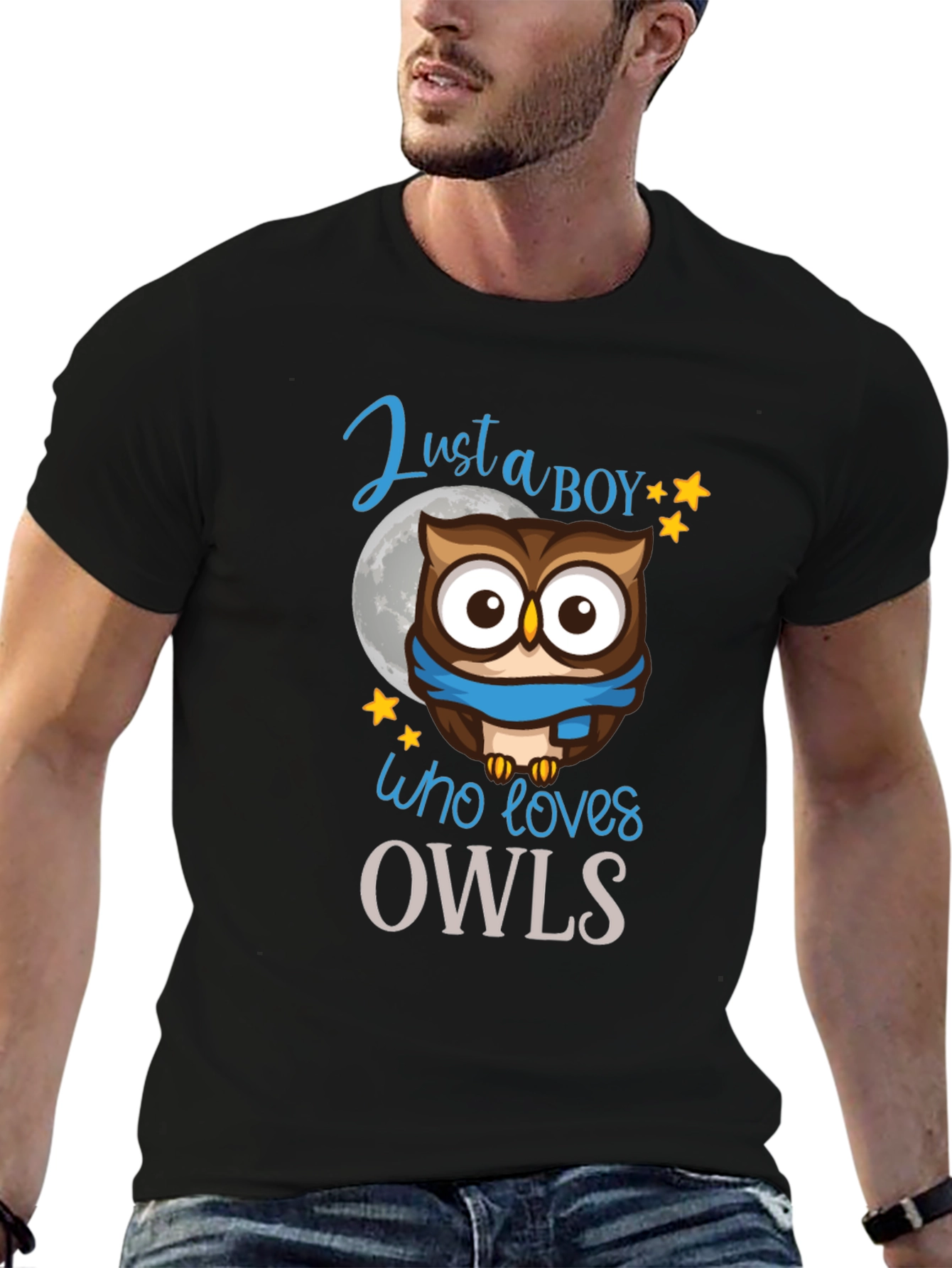 Black Just a Boy Who Loves Owls T-Shirt view 6