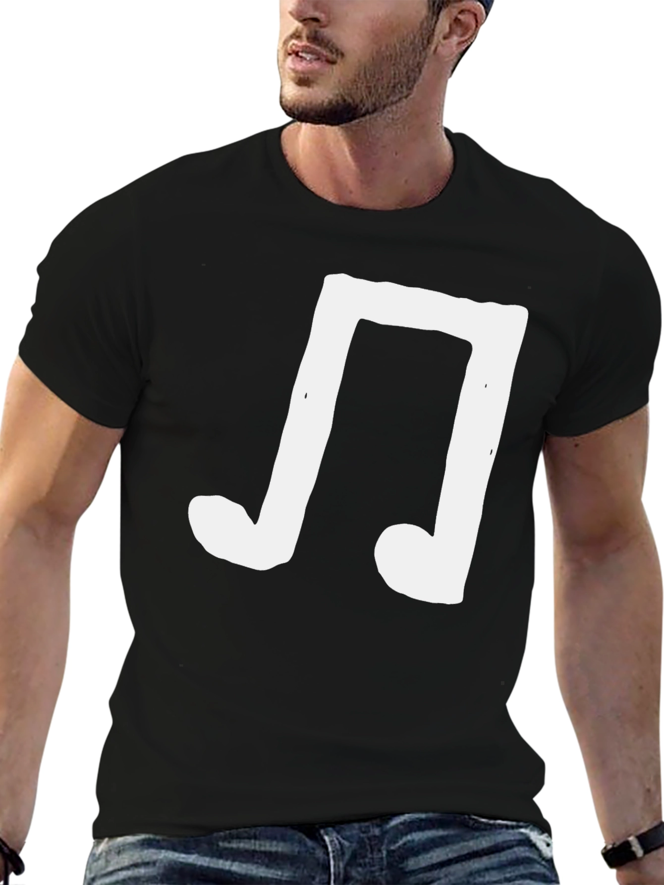 Black Men's Black T-Shirt with White Music Note Graphic view 6
