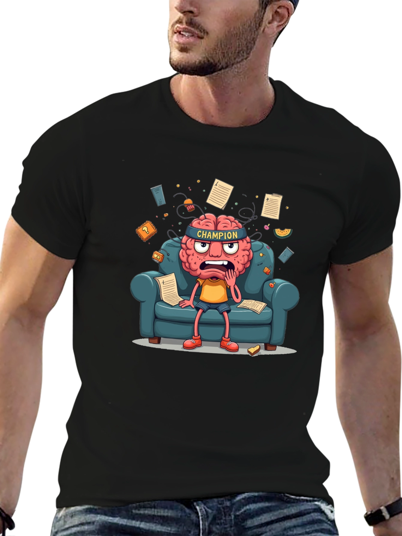 Black Champion Mind T-Shirt - Stressed Brain Cartoon view 6