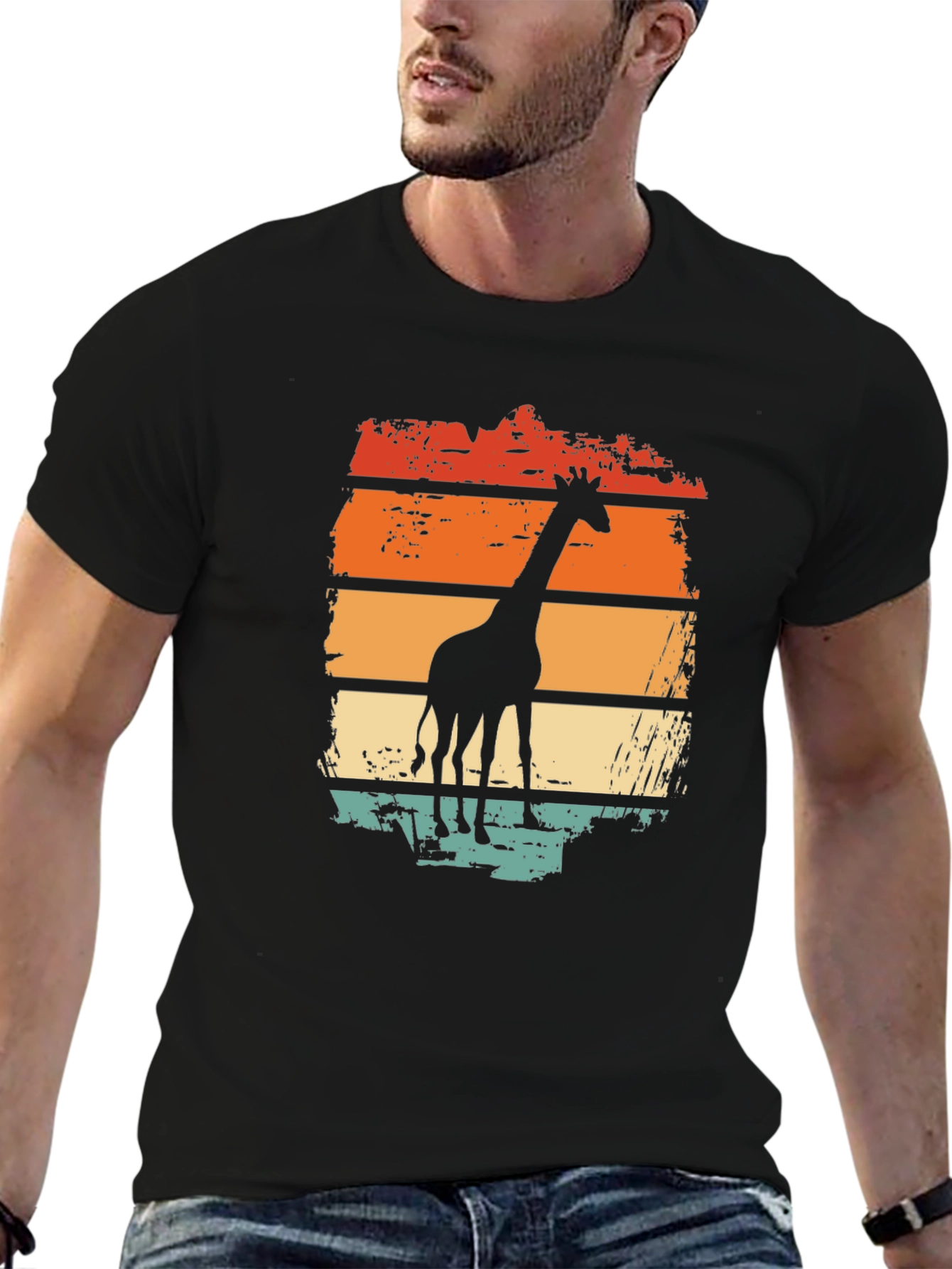 Black Giraffe Sunset Graphic Tee - Retro Style Black T-Shirt view 6