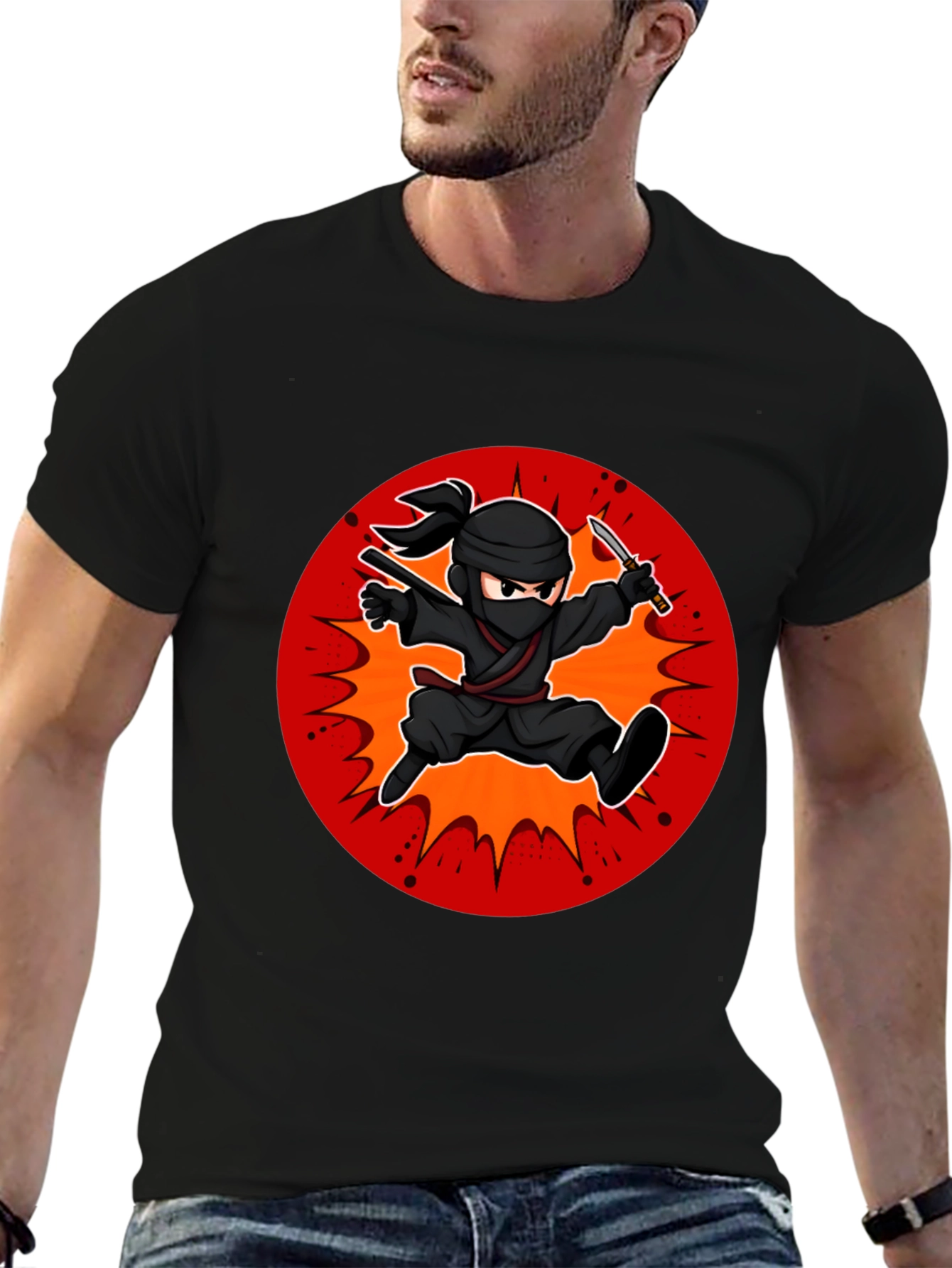 Black Ninja Cartoon Graphic Black T-Shirt view 6