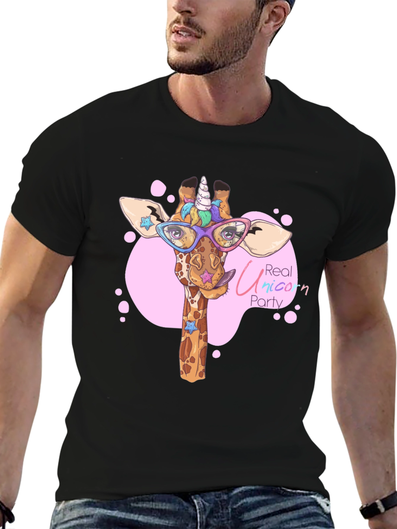Black Giraffe Unicorn Party T-Shirt - Cute Cartoon Design view 6