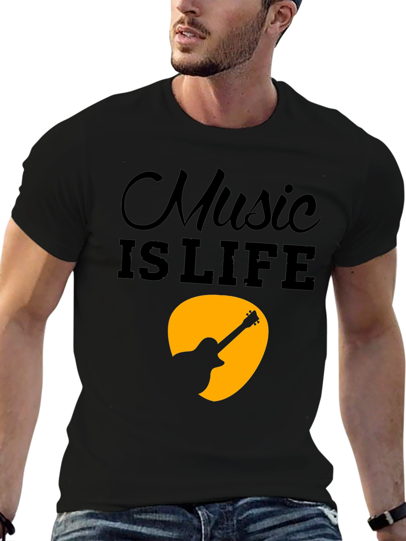 Black Music is Life T-Shirt - Guitar Graphic Tee - Men's Black Cotton view 6