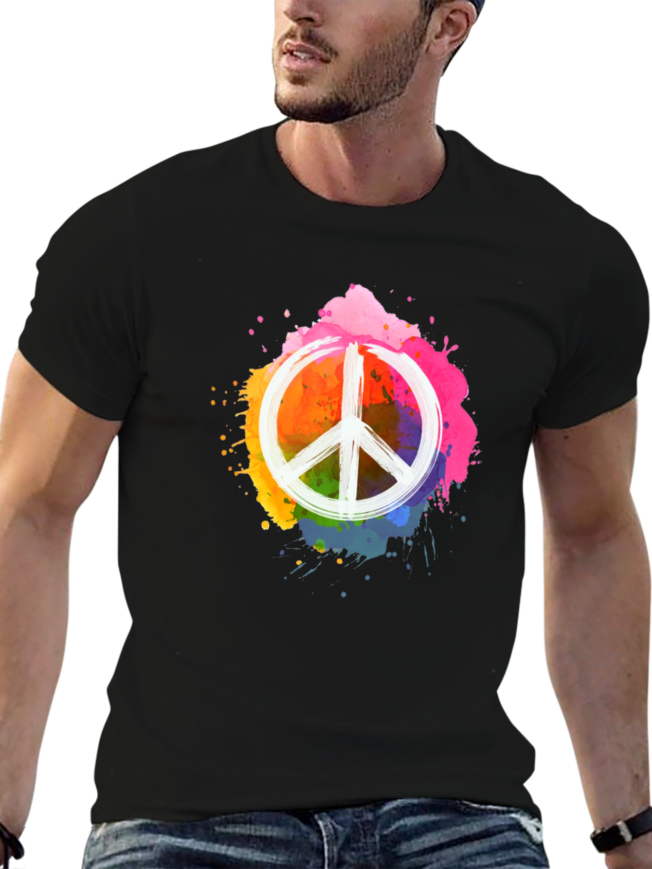 Black Peace Sign Colorful Splatter Black T-Shirt view 6