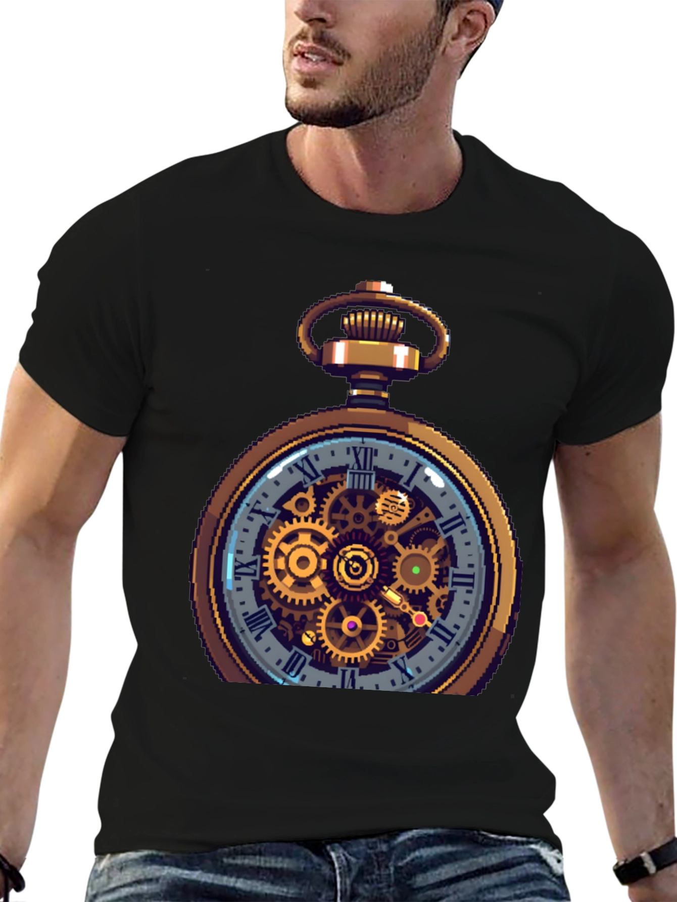 Black Steampunk Pocket Watch Design T-Shirt view 6