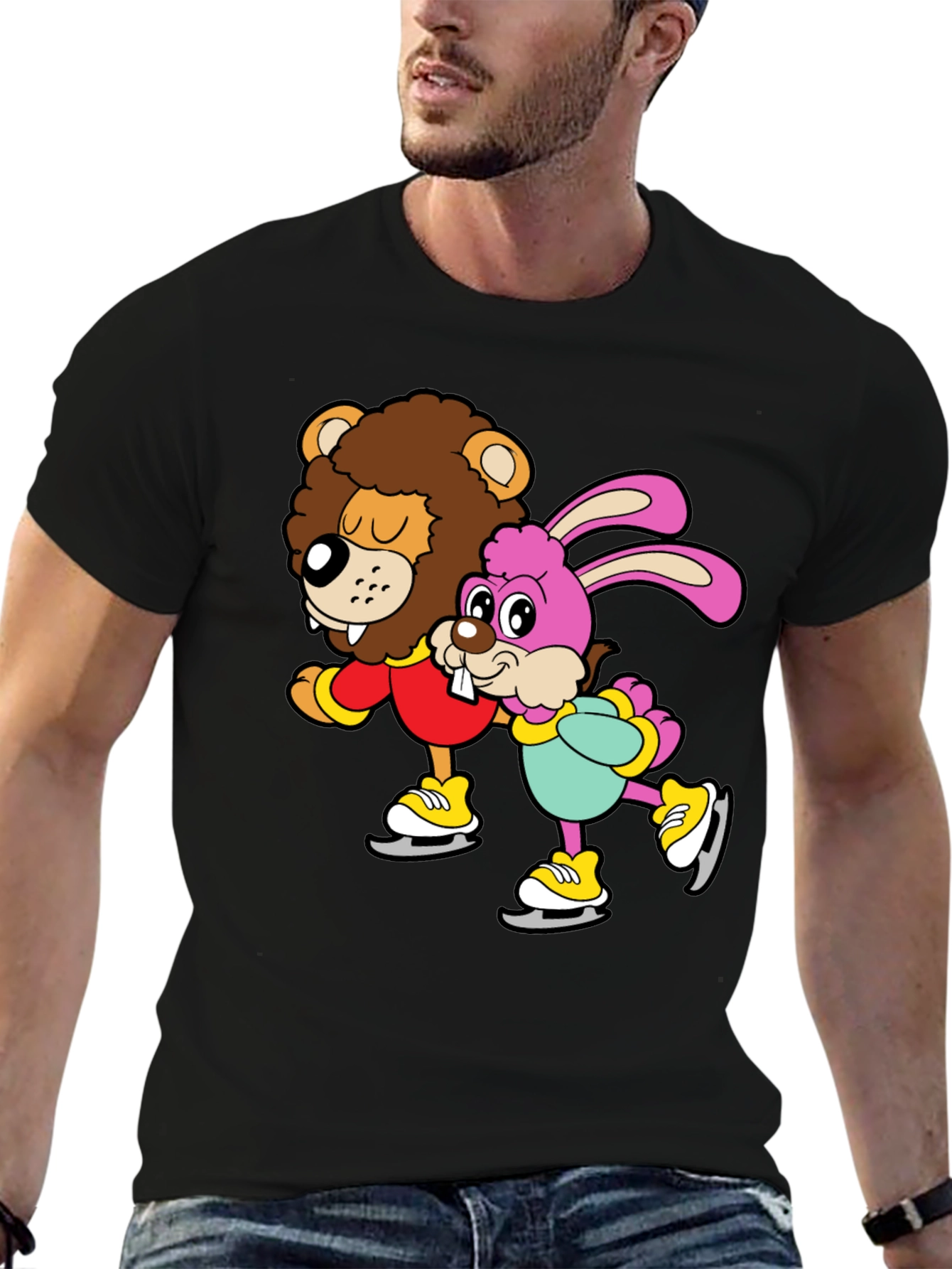 Black Lion & Bunny Ice Skating Cartoon Graphic T-Shirt view 6