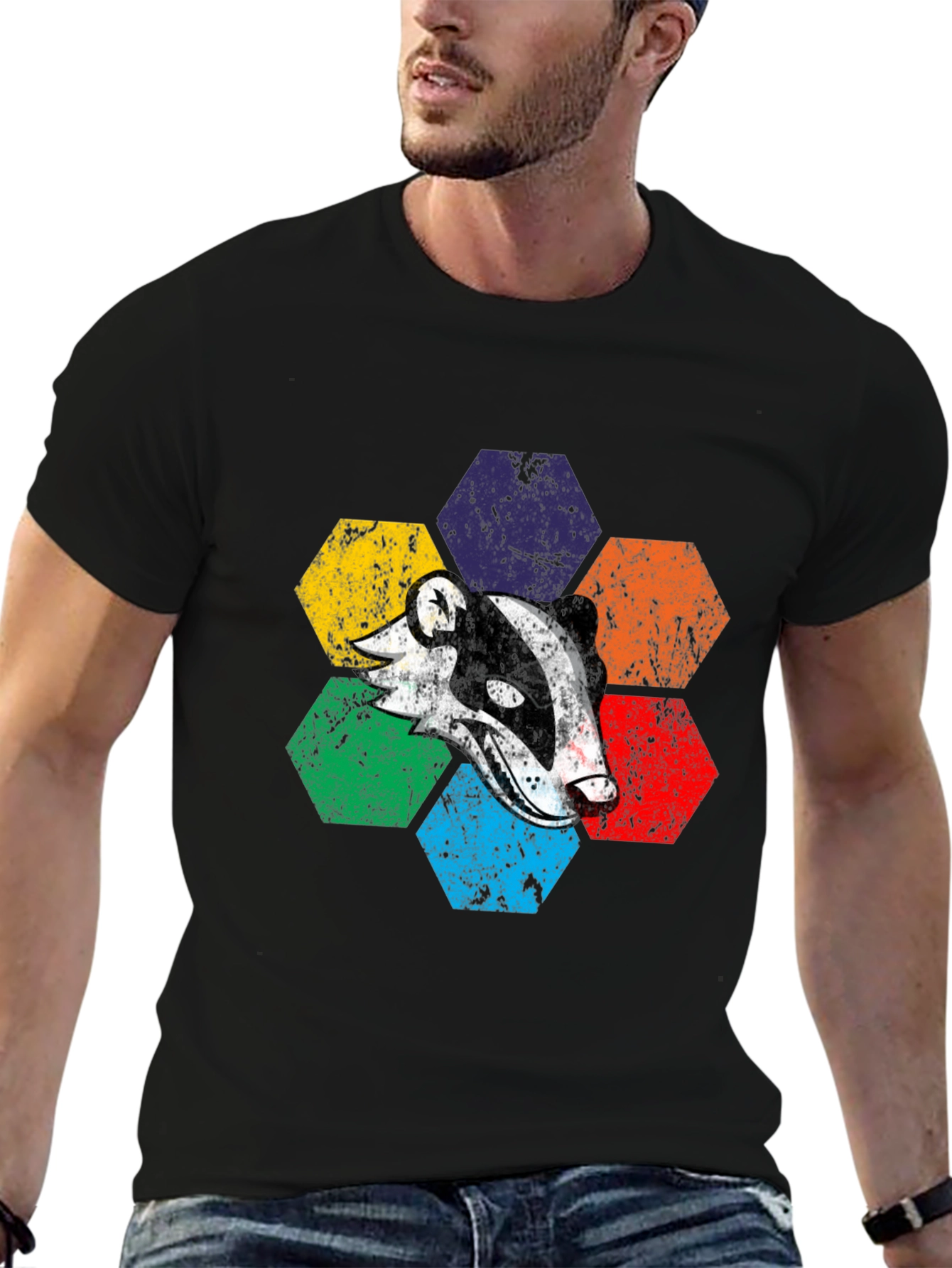Black Retro Badger Hexagon T-Shirt - Unique Graphic Tee view 6