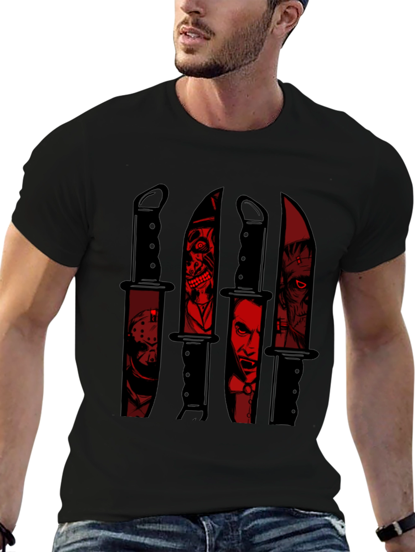 Black Horror Movie Character Knife Graphic Tee view 6