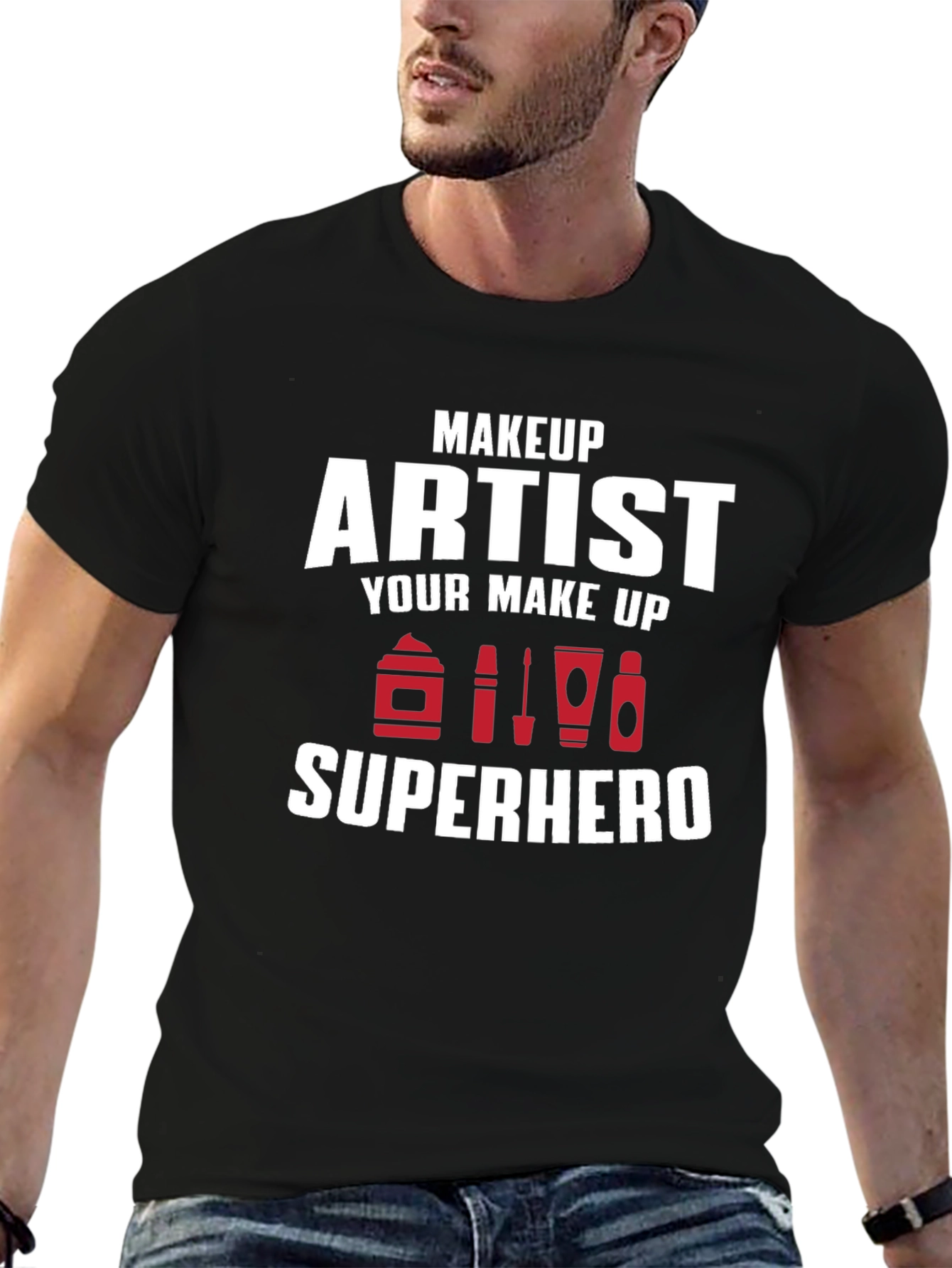 Black Makeup Artist Superhero T-Shirt - Black Crew Neck Tee view 6