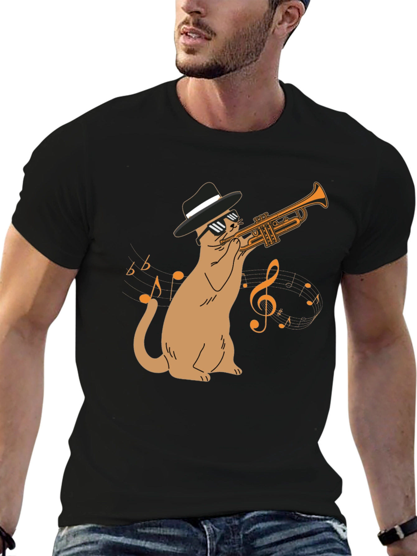 Black Cool Cat Trumpet Player T-Shirt - Black view 6