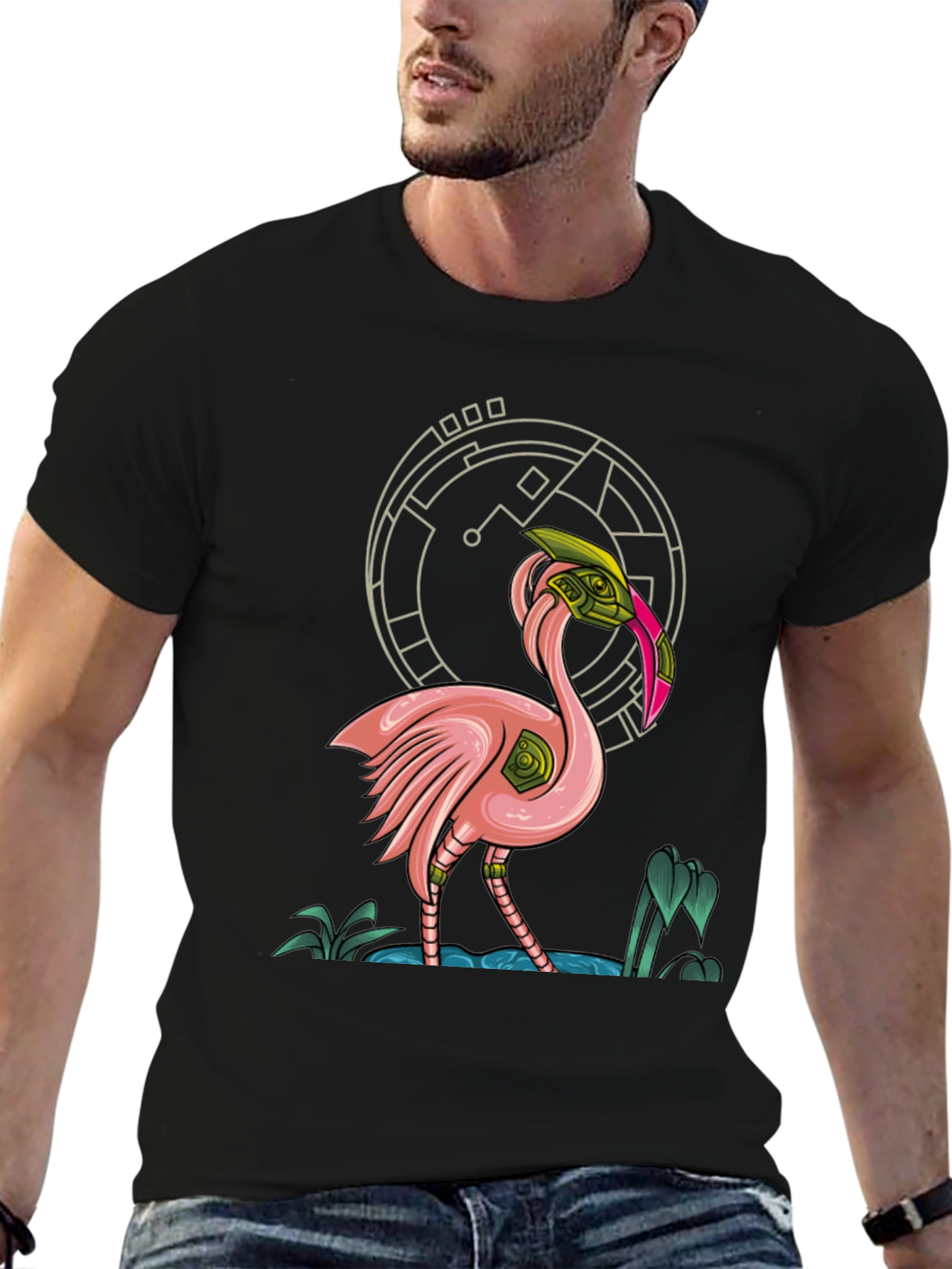 Black Cyberpunk Flamingo Graphic T-Shirt view 6