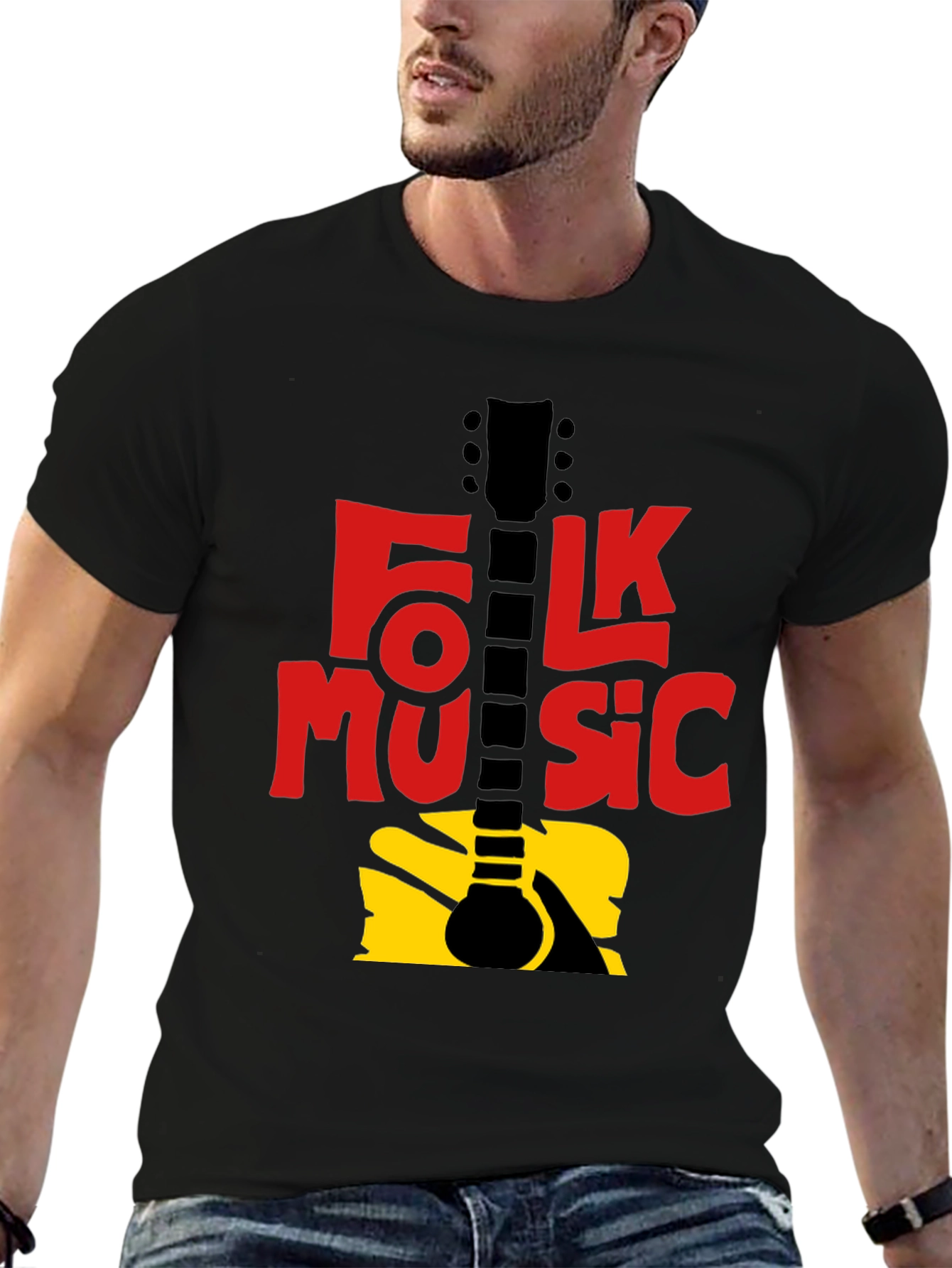 Black Folk Music Guitar Graphic T-Shirt - Black view 6