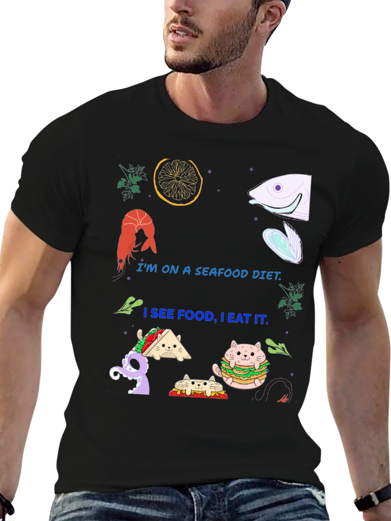 Black Seafood Diet Funny Graphic T-Shirt view 6