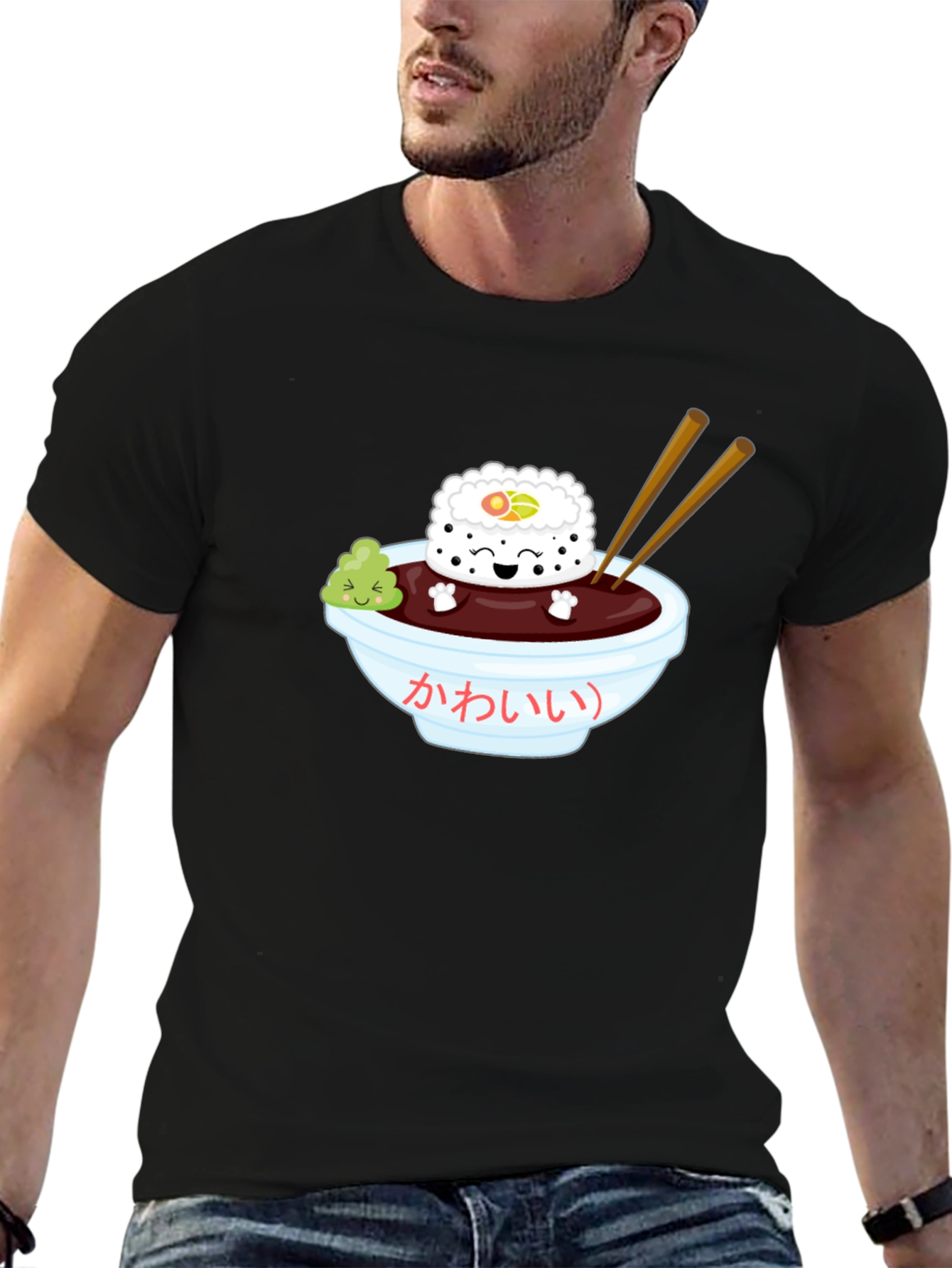 Black Sushi Kawaii T-Shirt - Unisex Black Tee view 6