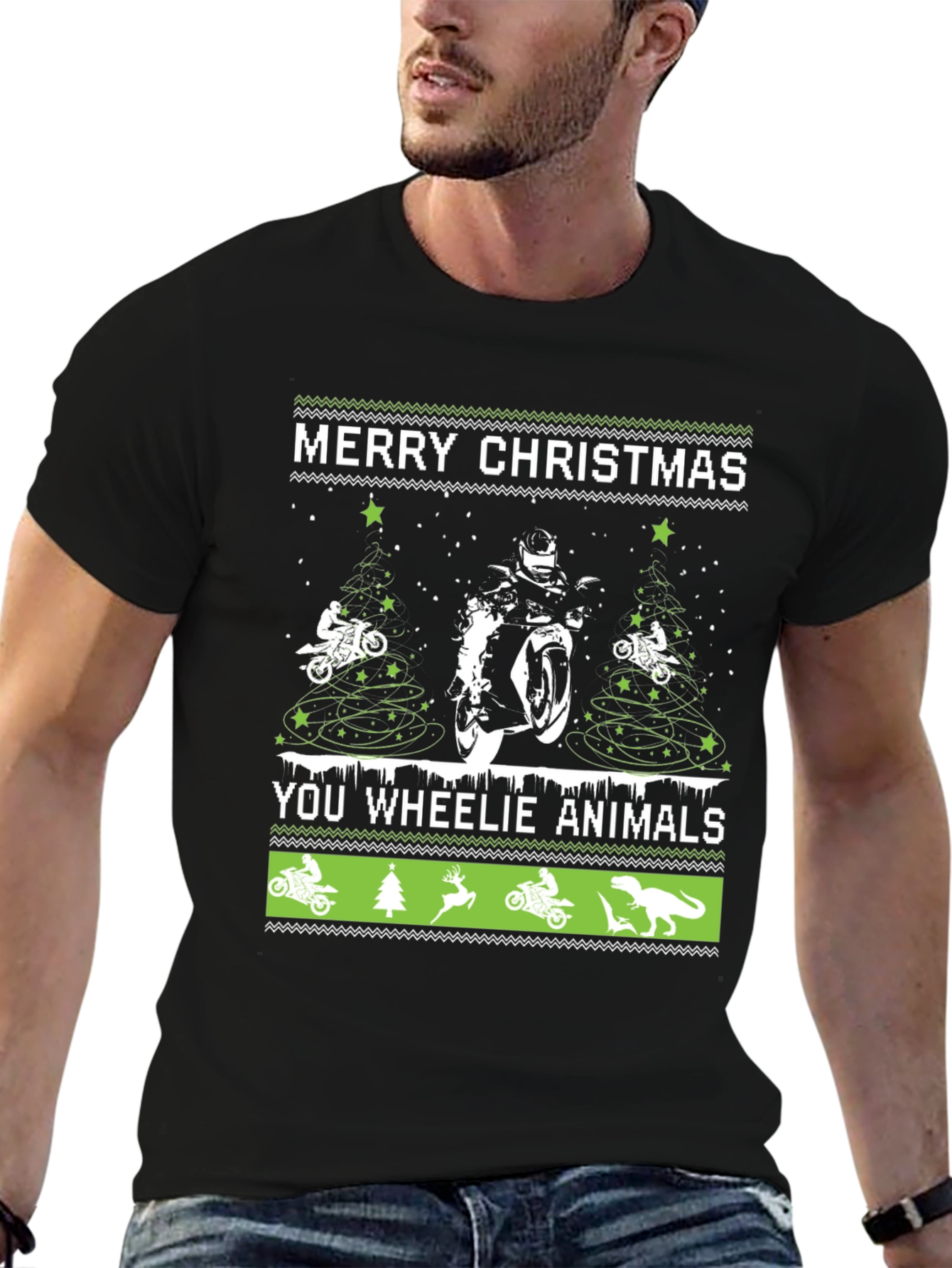 Black Motorcycle Christmas T-Shirt - Wheelie Animals Holiday Tee view 6