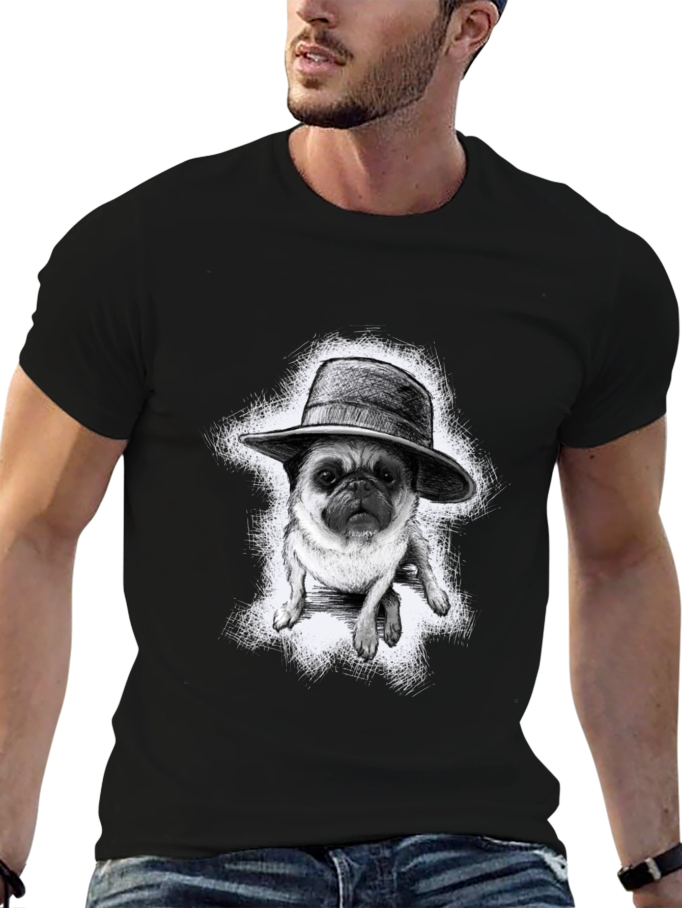 Black Pug in a Hat Graphic Tee - Trendy Black T-Shirt view 6