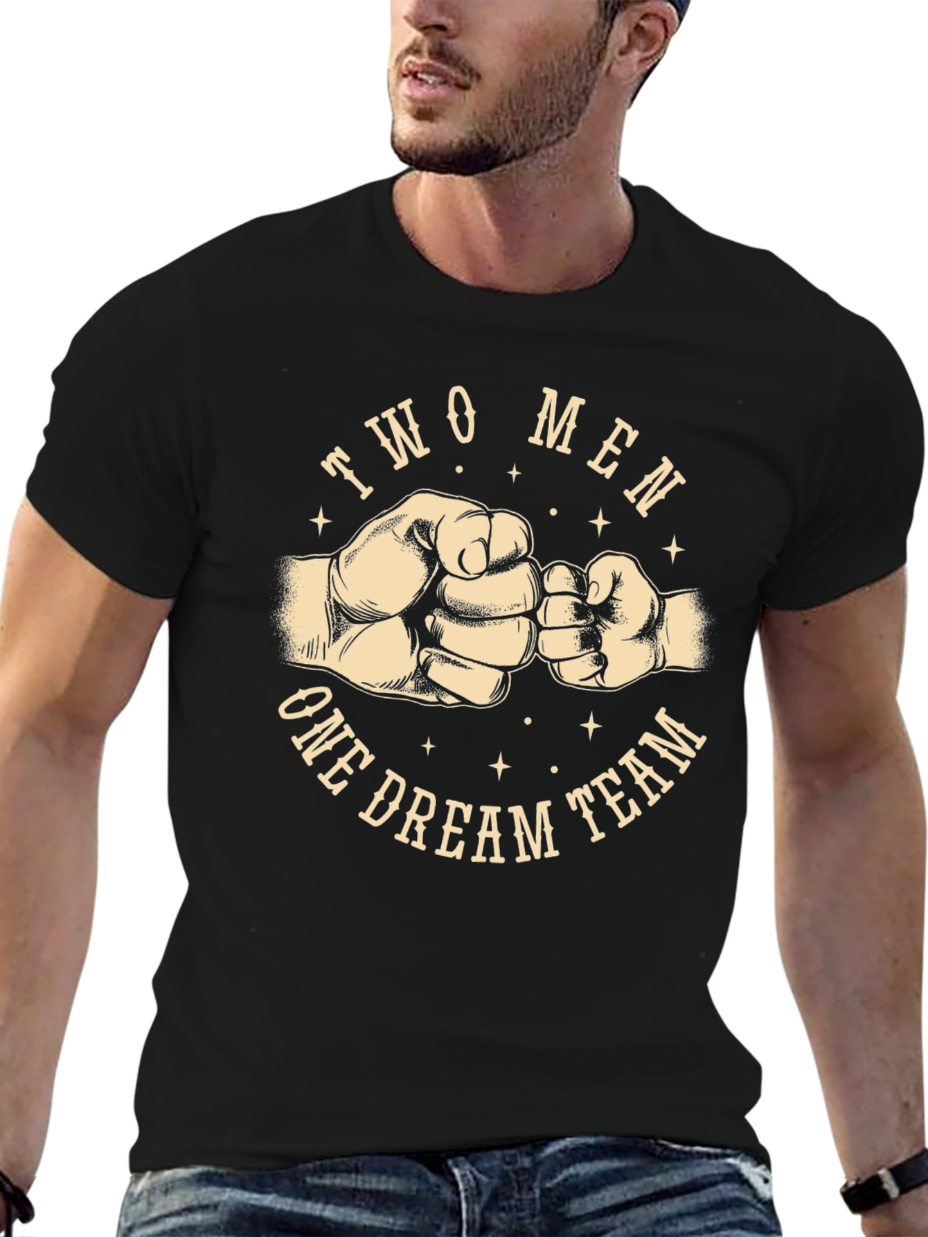 Black Two Men One Dream Team Graphic Tee - Black Cotton T-Shirt view 6