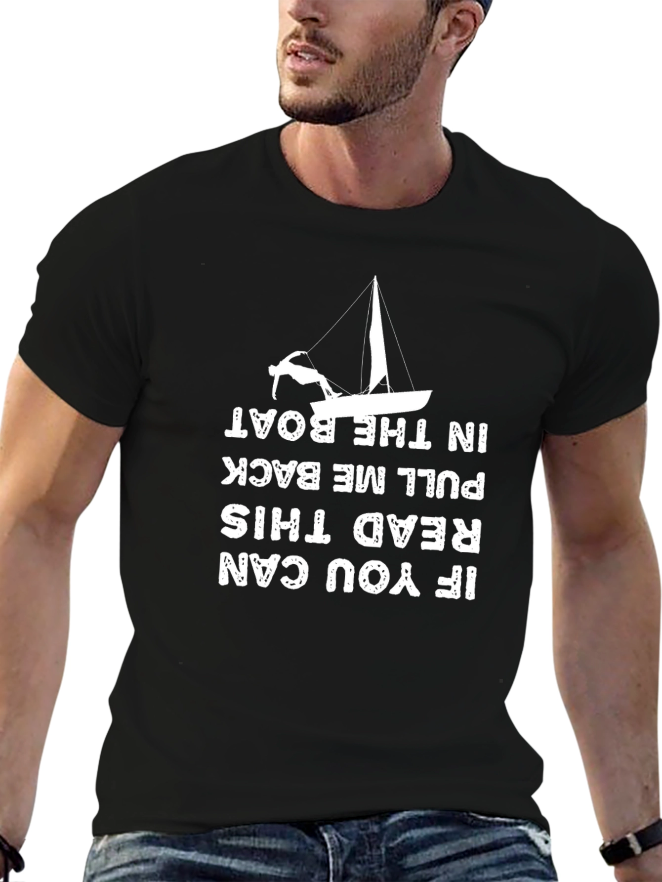 Black Funny Sailing T-Shirt - Pull Me Back In The Boat! view 6
