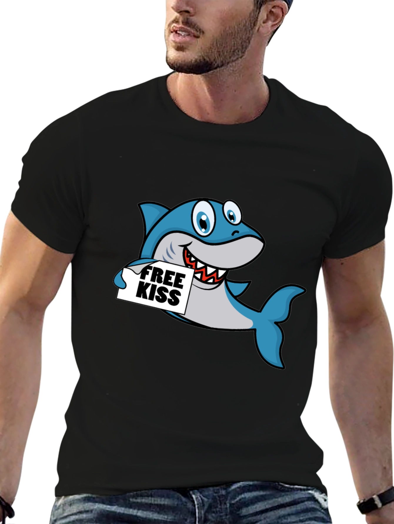 Black Funny Shark Free Kiss Graphic Tee - Black view 6