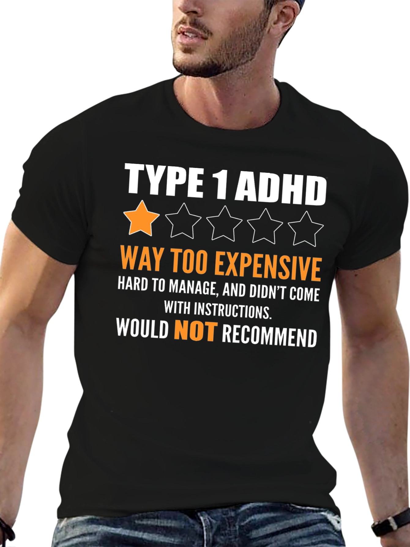 Black Type 1 ADHD Funny Graphic T-Shirt view 6