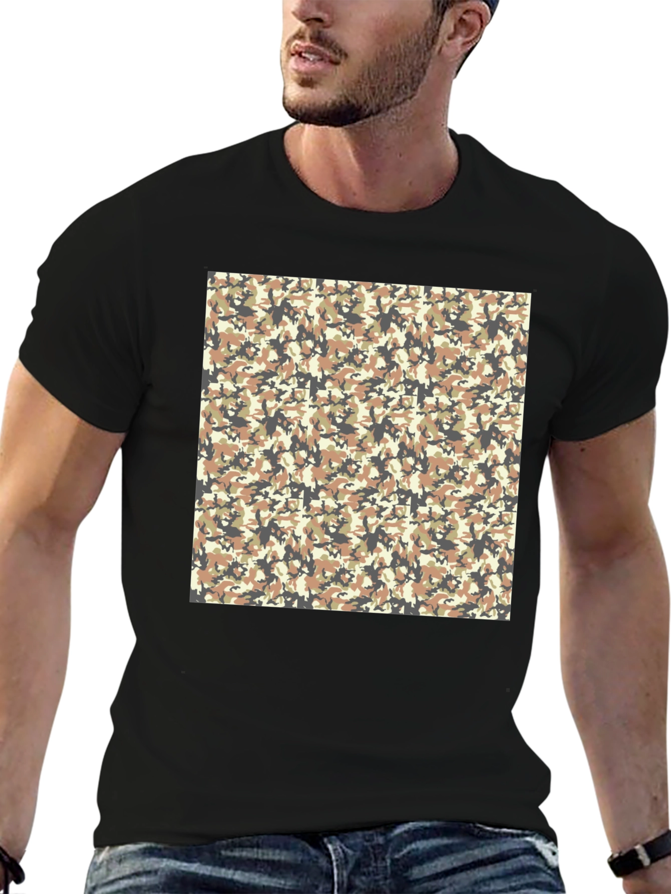 Black Camo Patterned Graphic Print Black T-Shirt view 6
