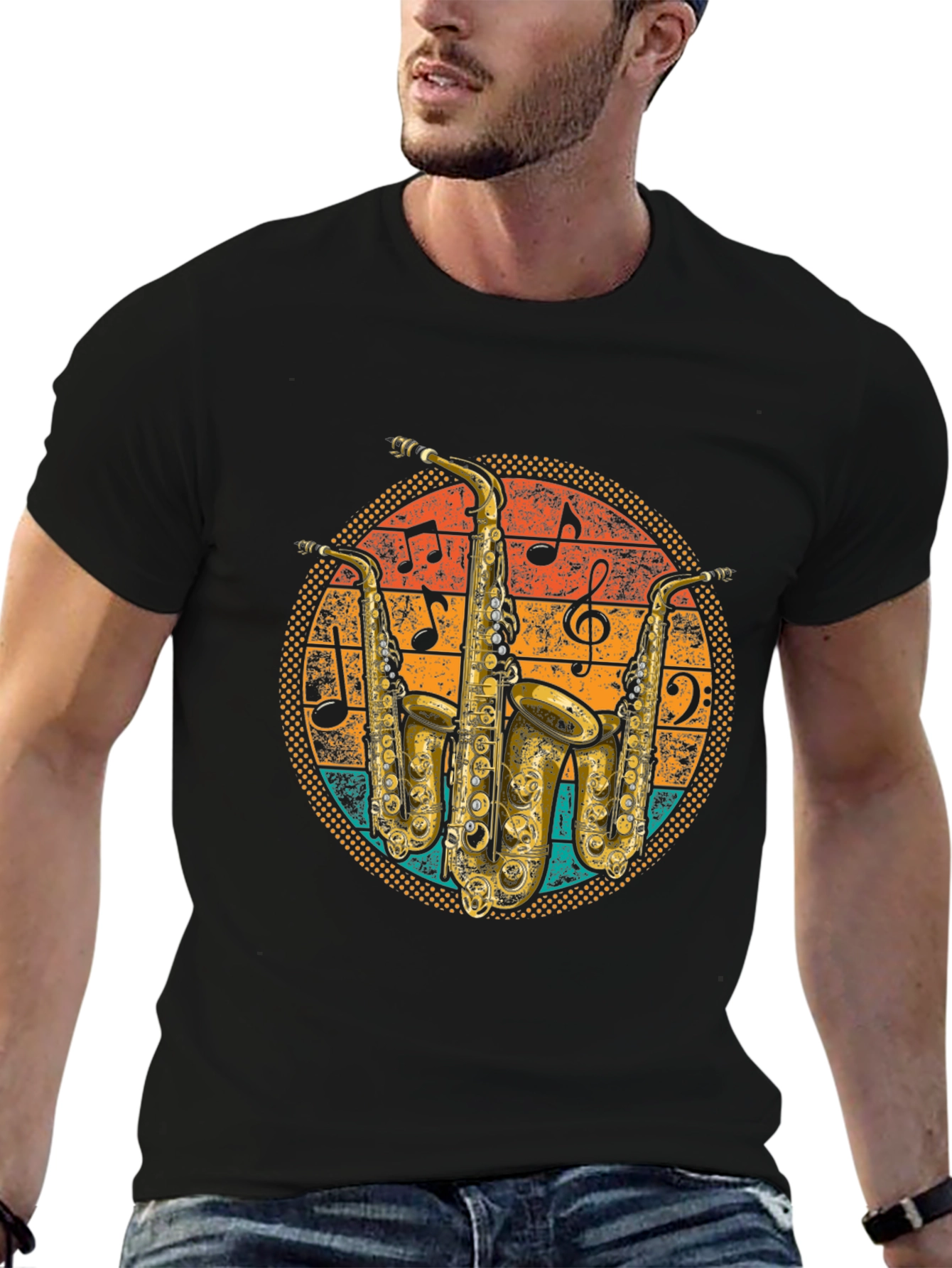 Black Retro Saxophone Music T-Shirt view 6