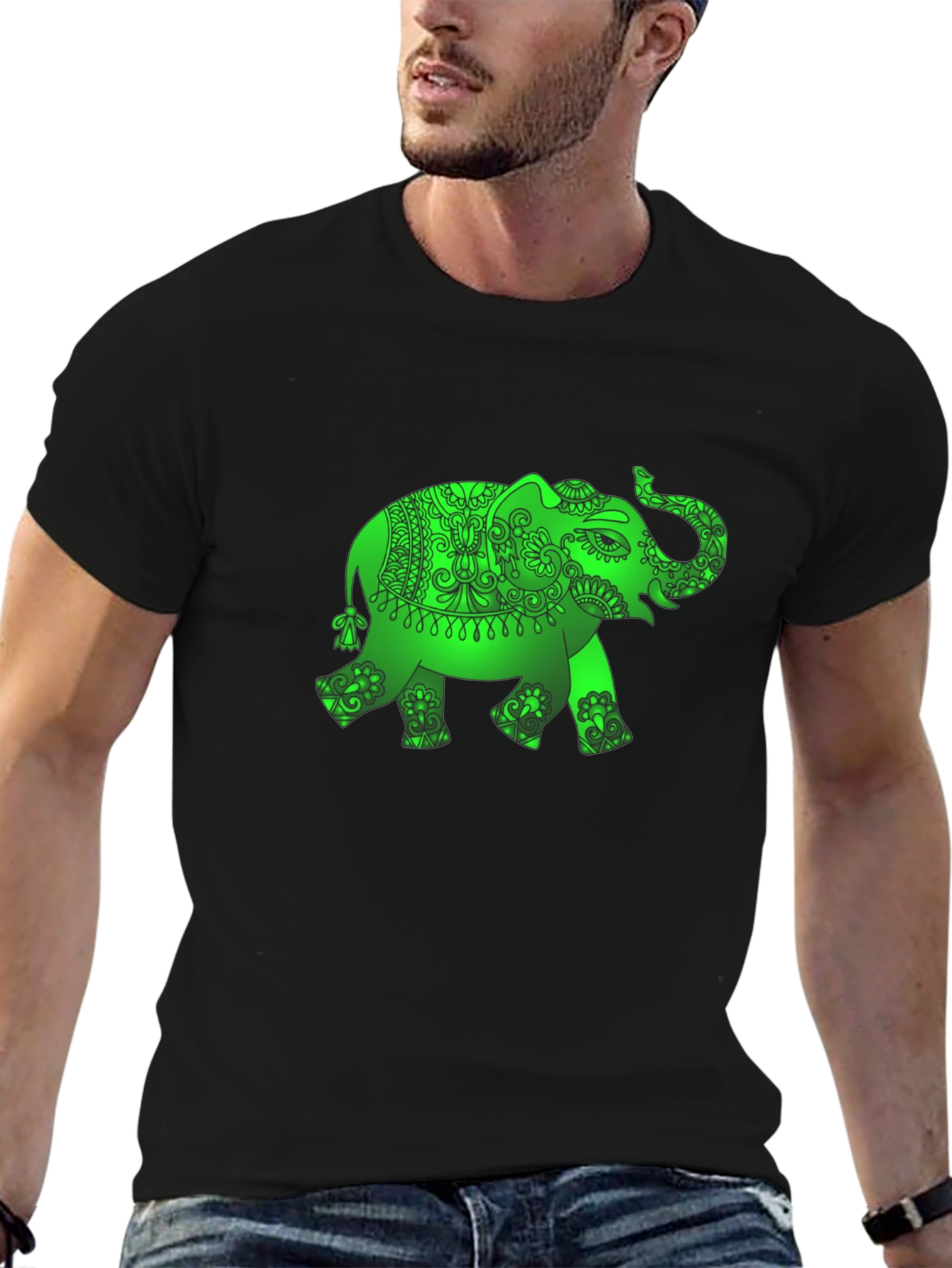 Black Green Elephant Graphic Black T-Shirt view 6