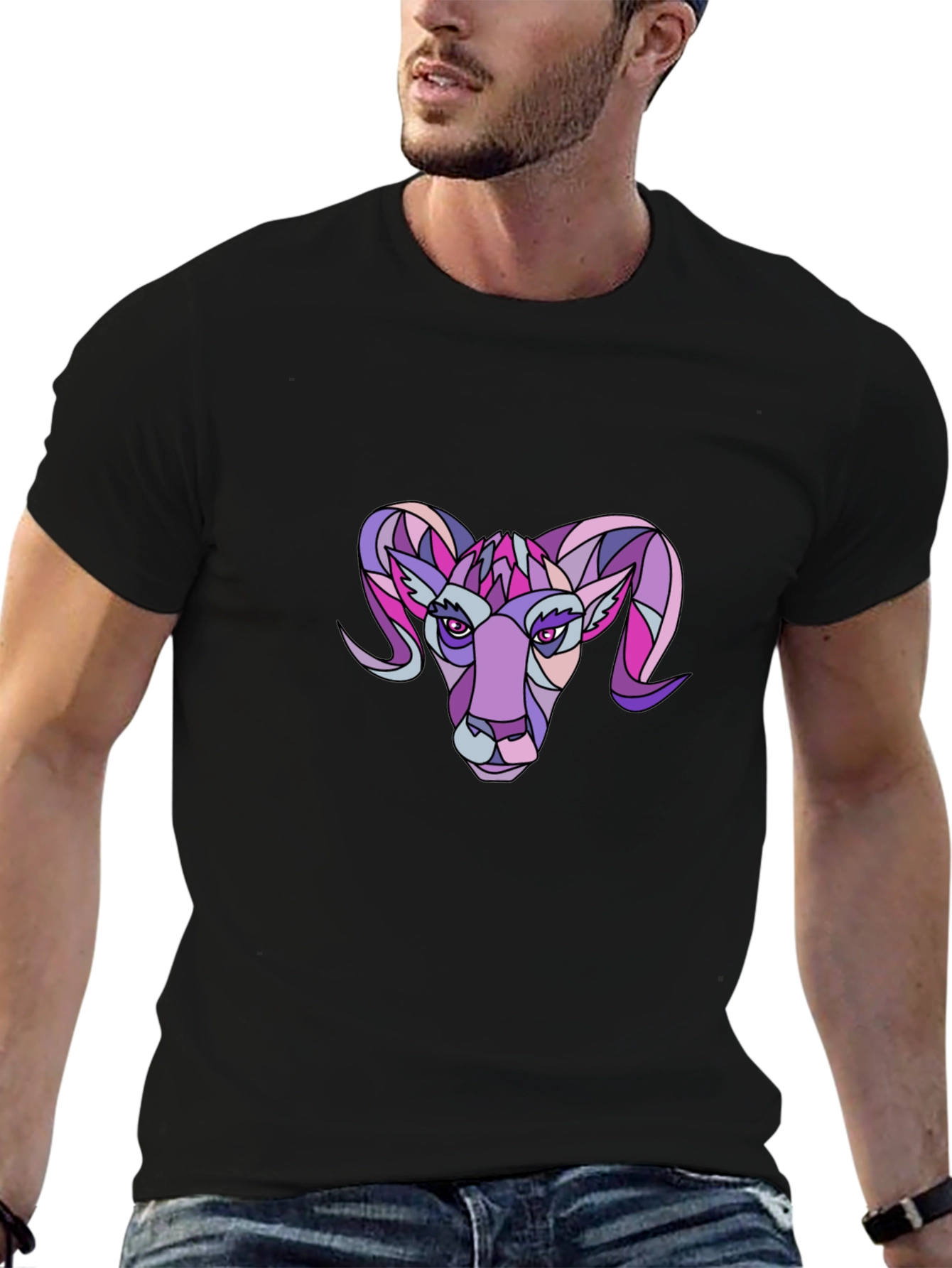 Black Geometric Ram Graphic Tee - Stylish Crew Neck T-Shirt view 6