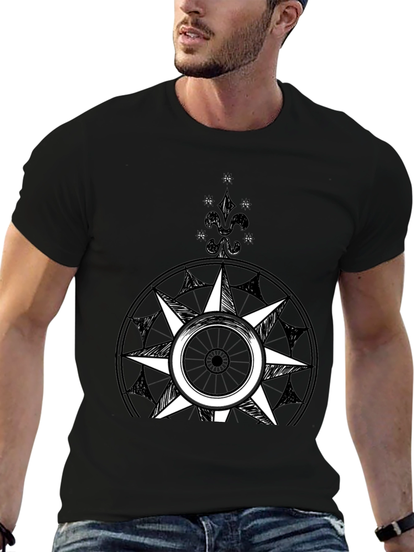 Black Compass Rose Graphic Tee - Black Cotton Blend view 6