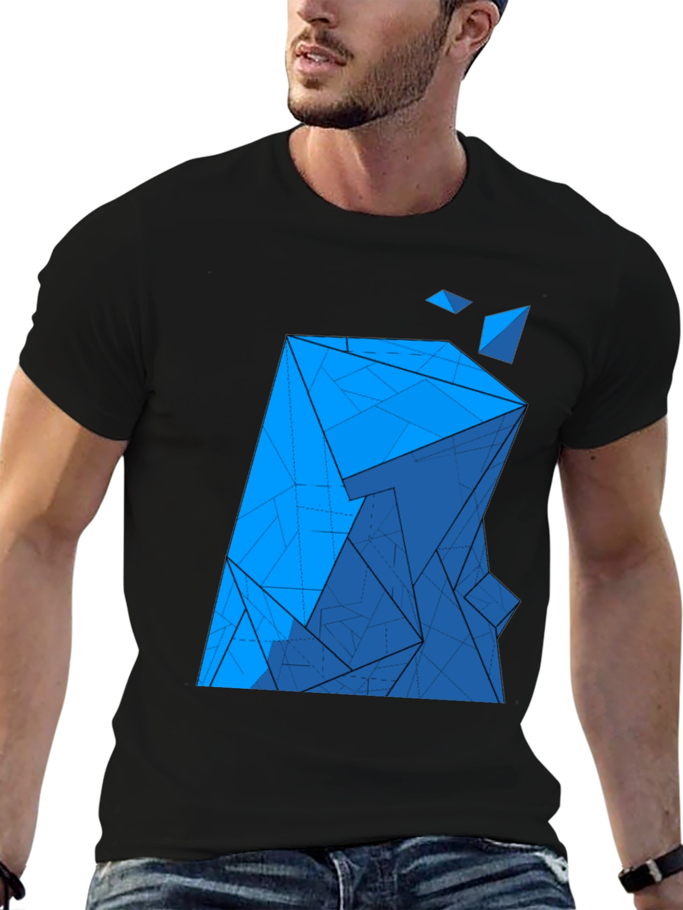 Black Abstract Blue Geometric Print Black T-Shirt view 6