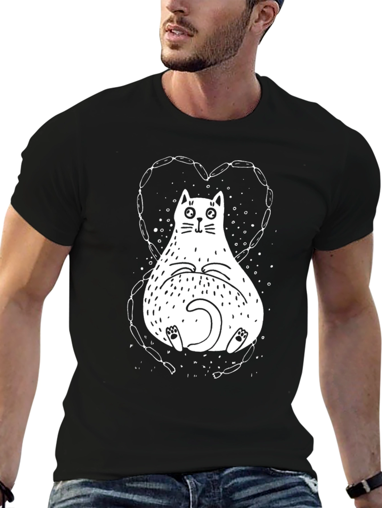 Black Funny Cat Sausage Heart Graphic T-Shirt view 6