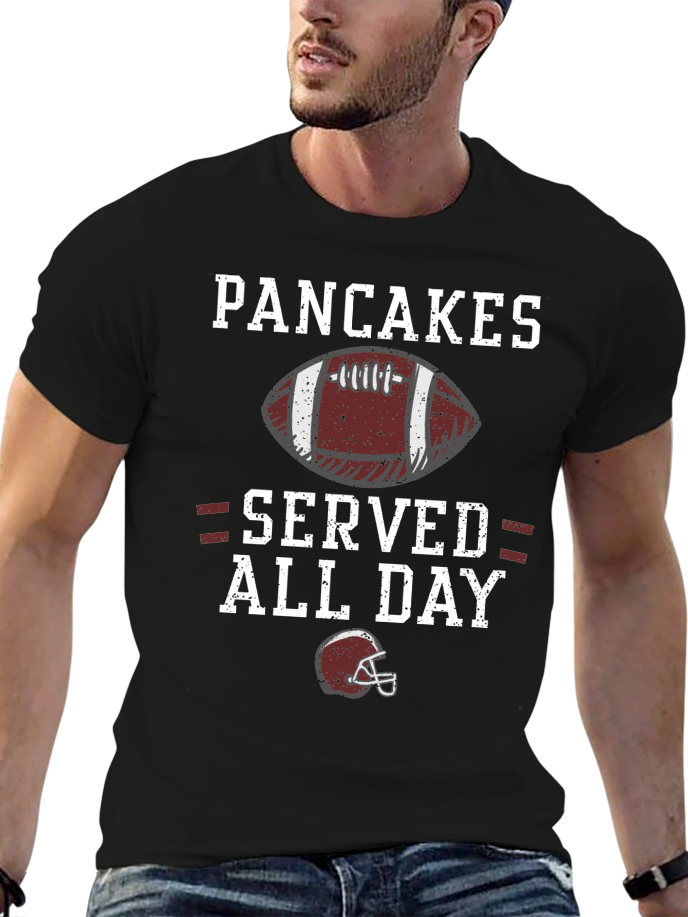 Black Pancakes Served All Day Funny Football T-Shirt view 6