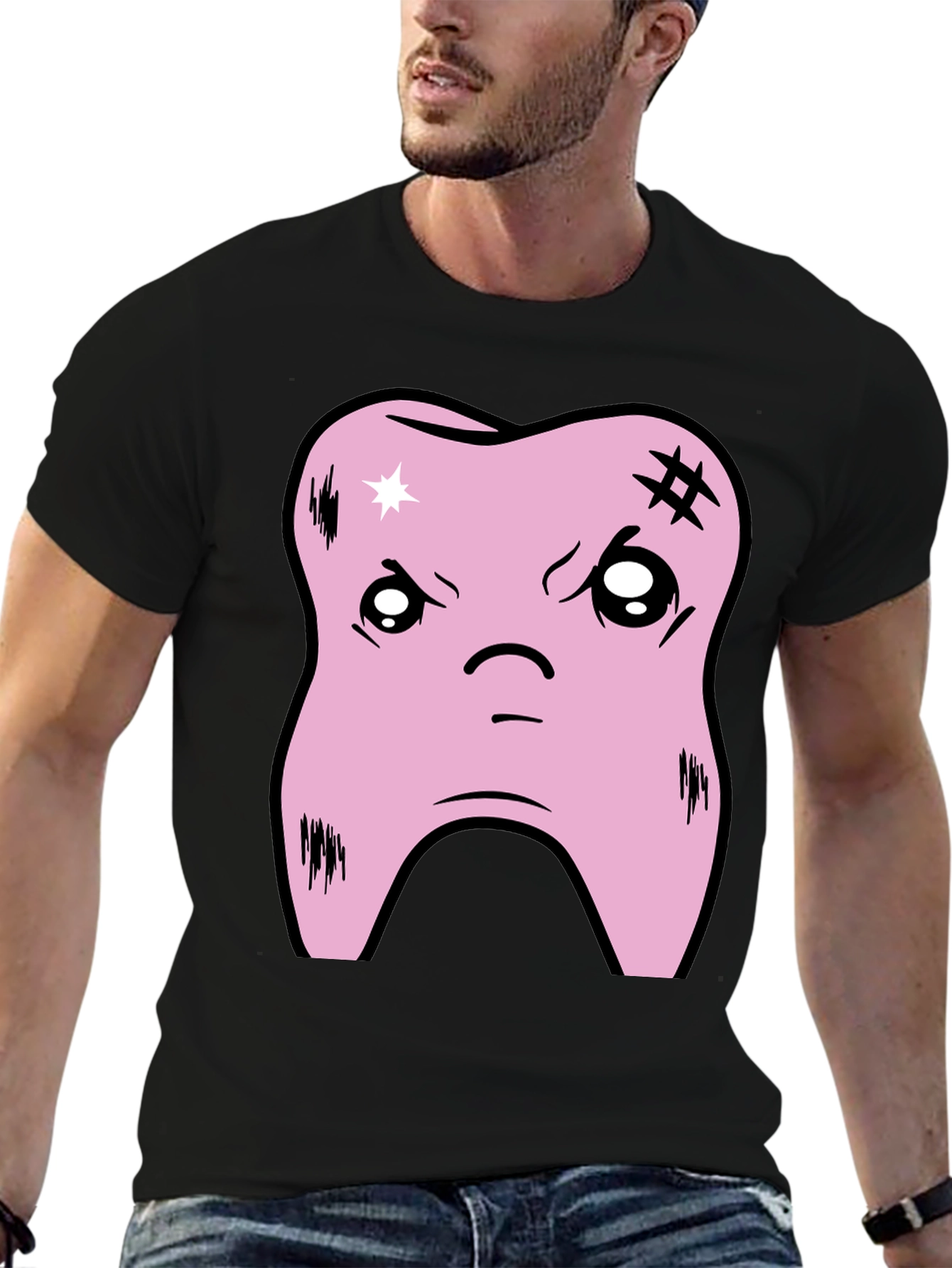 Black Cartoon Tooth Graphic Tee - Black Cotton T-Shirt view 6