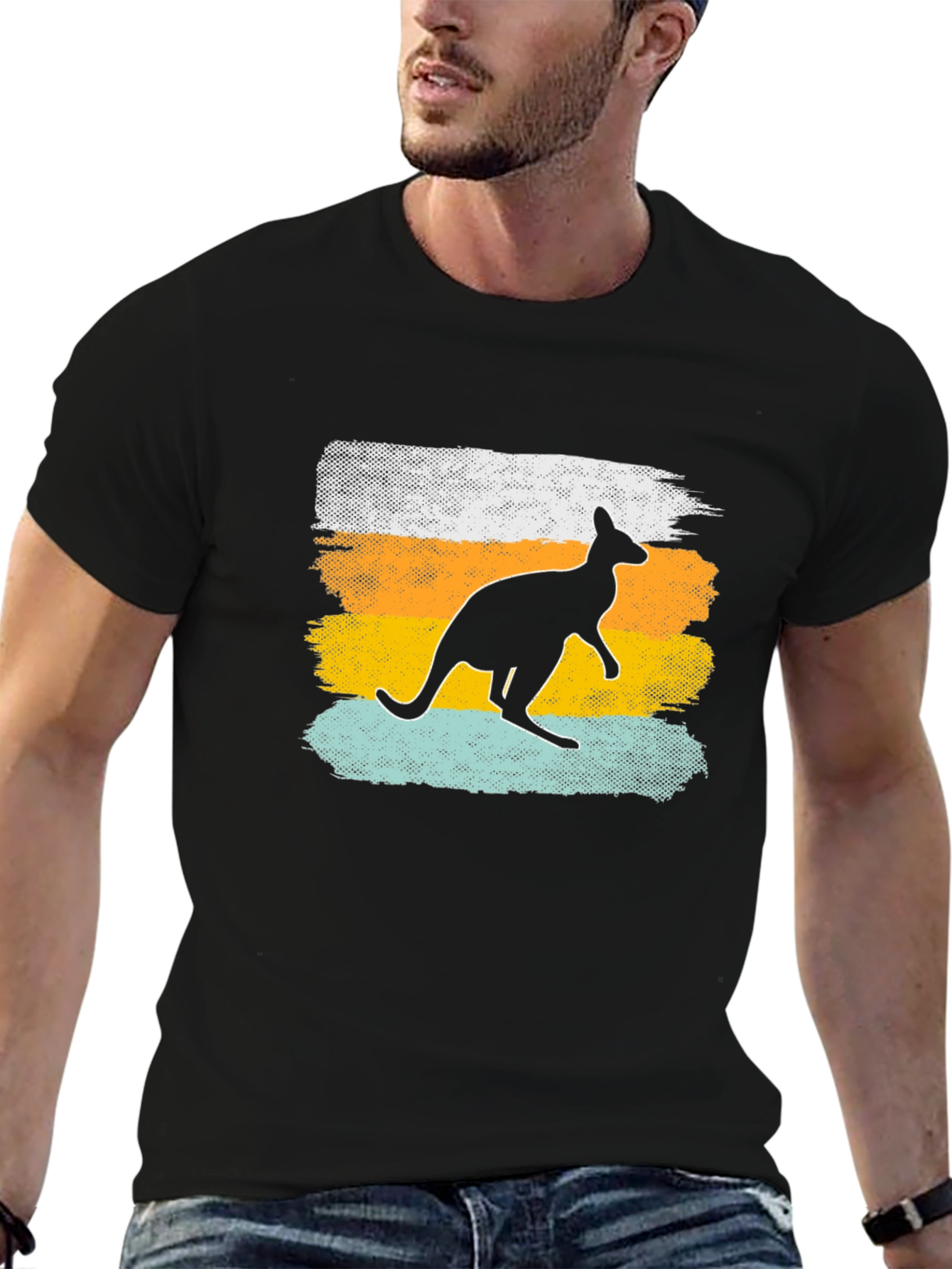 Black Kangaroo Silhouette Men's Black T-Shirt view 6