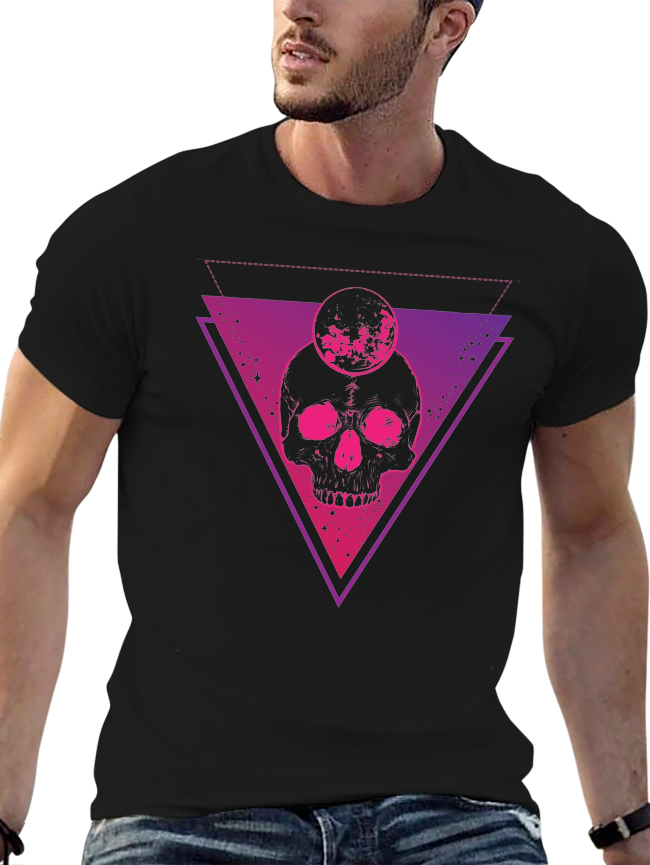 Black Skull & Moon Graphic Tee - Trendy Men's Black T-Shirt view 6