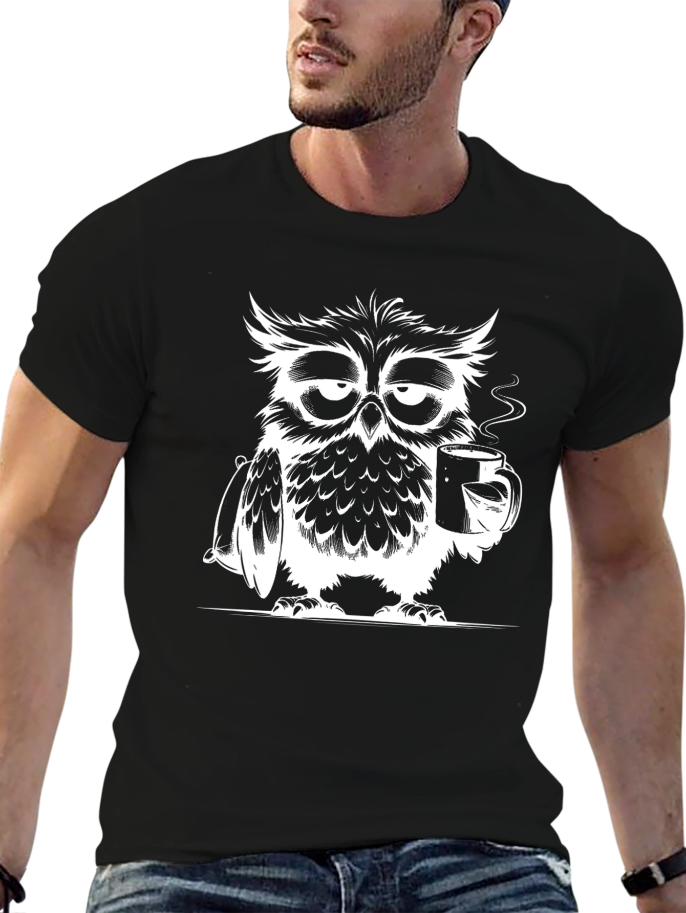 Black Sleepy Owl Coffee Lover Graphic T-Shirt view 6