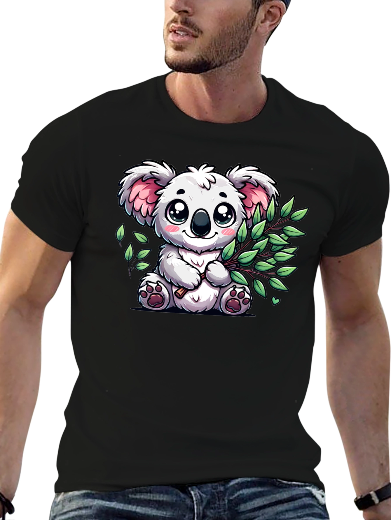Black Cute Koala Bear Graphic Tee - Black Cotton T-Shirt view 6
