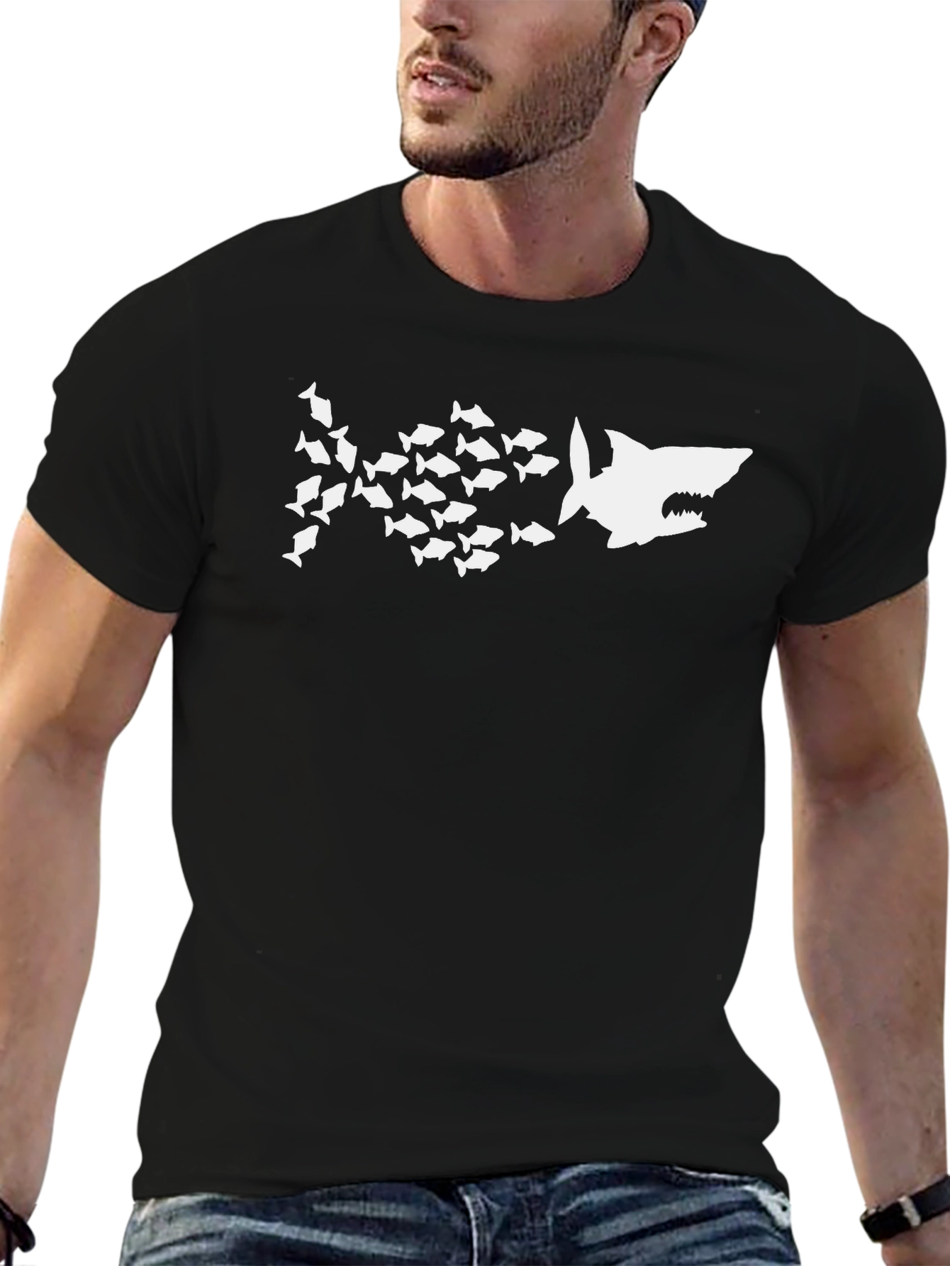 Black Shark Attack Tee: Fish School Graphic Black T-Shirt view 6