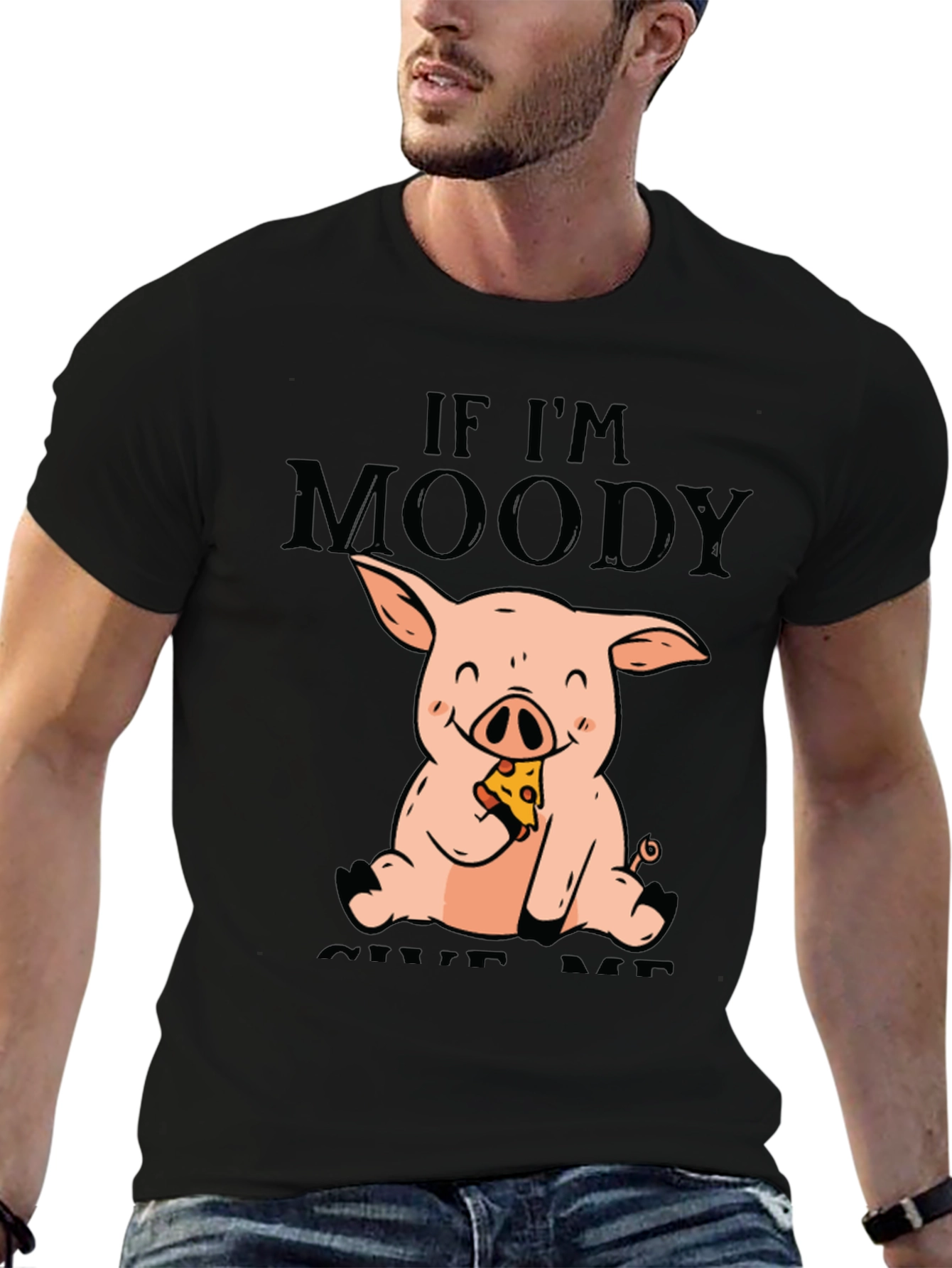 Black Moody Pig Pizza T-Shirt - Funny Graphic Tee view 6